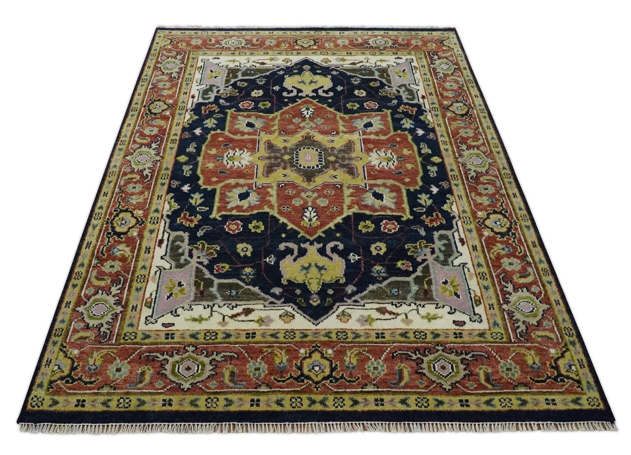 Blue and Rust Hand Knotted Traditional Vintage Style Heriz Serapi Multi Size Wool Area Rug - Image 11