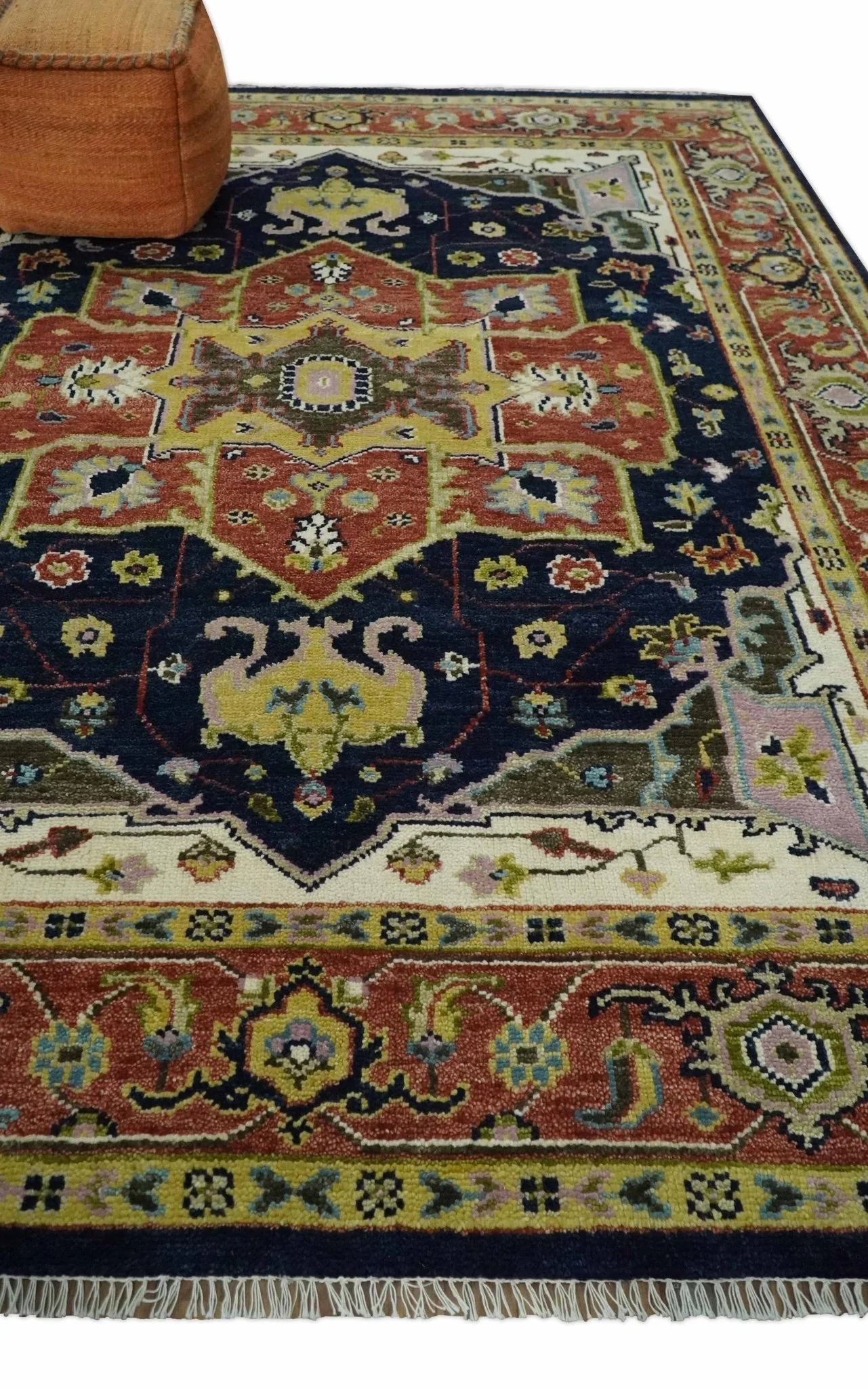 Blue and Rust Hand Knotted Traditional Vintage Style Heriz Serapi Multi Size Wool Area Rug - Image 3