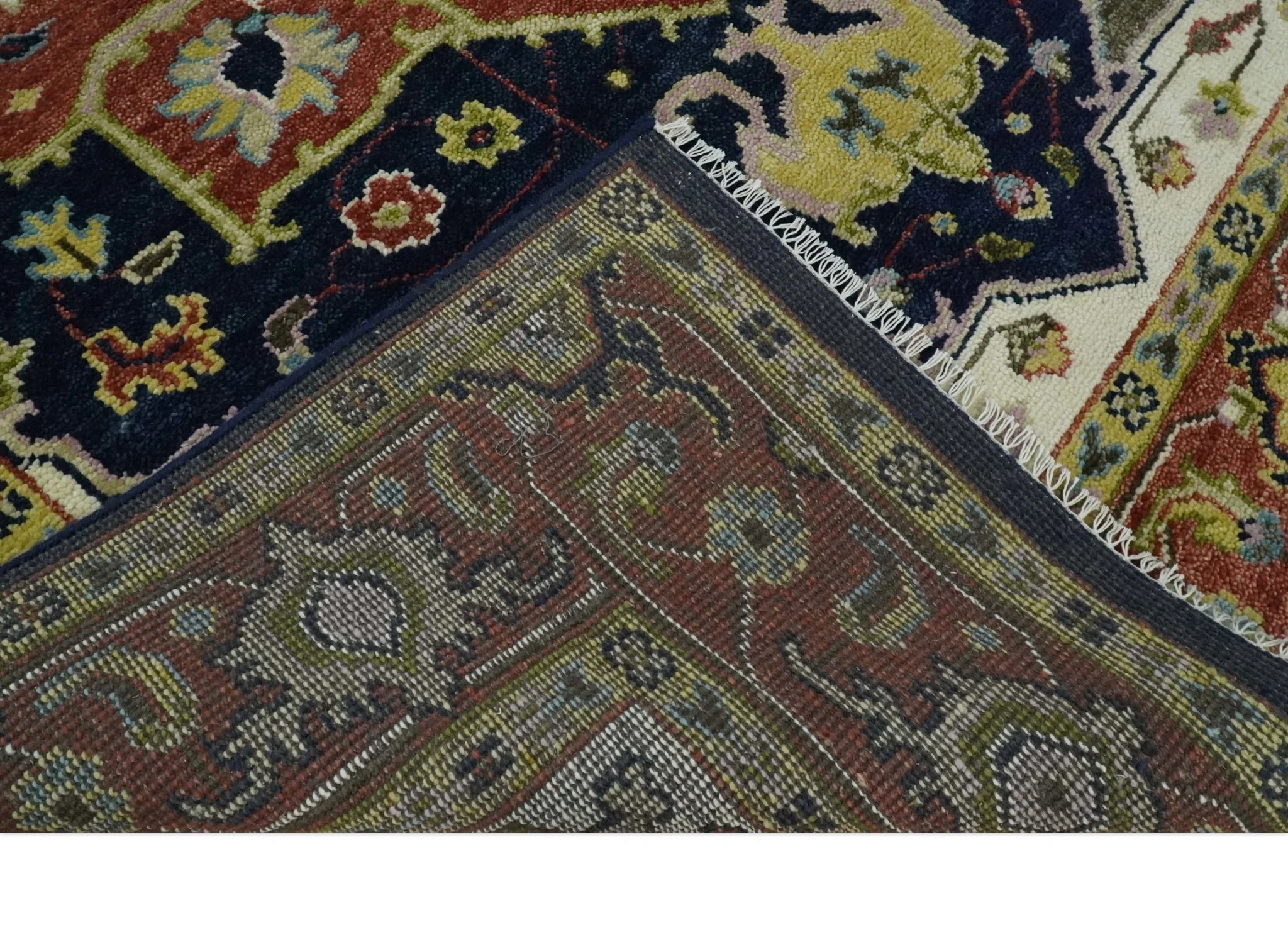 Blue and Rust Hand Knotted Traditional Vintage Style Heriz Serapi Multi Size Wool Area Rug - Image 7