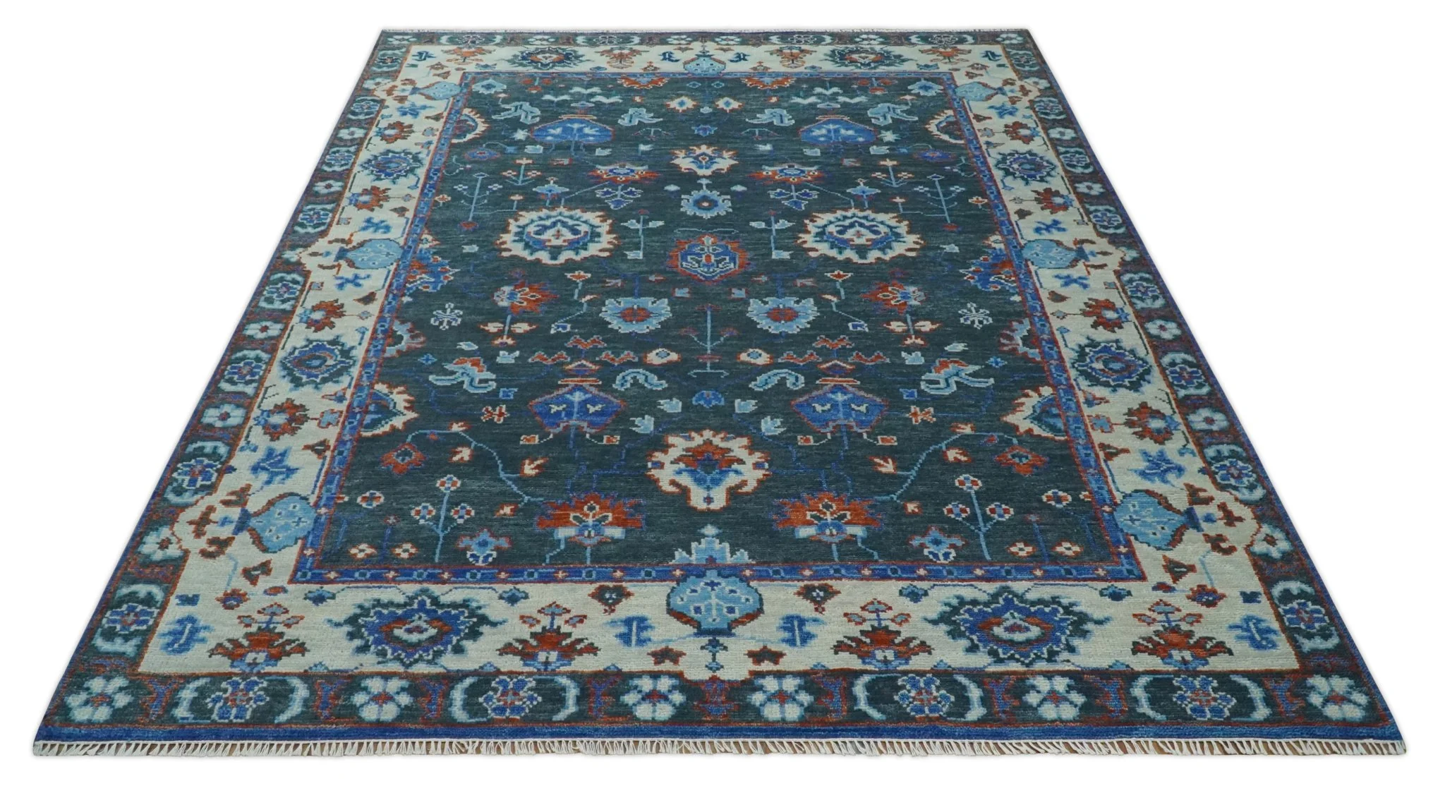 Hand Knotted Teal, Blue and Ivory Traditional Oriental Oushak Multi Size Wool Area Rug - Image 10