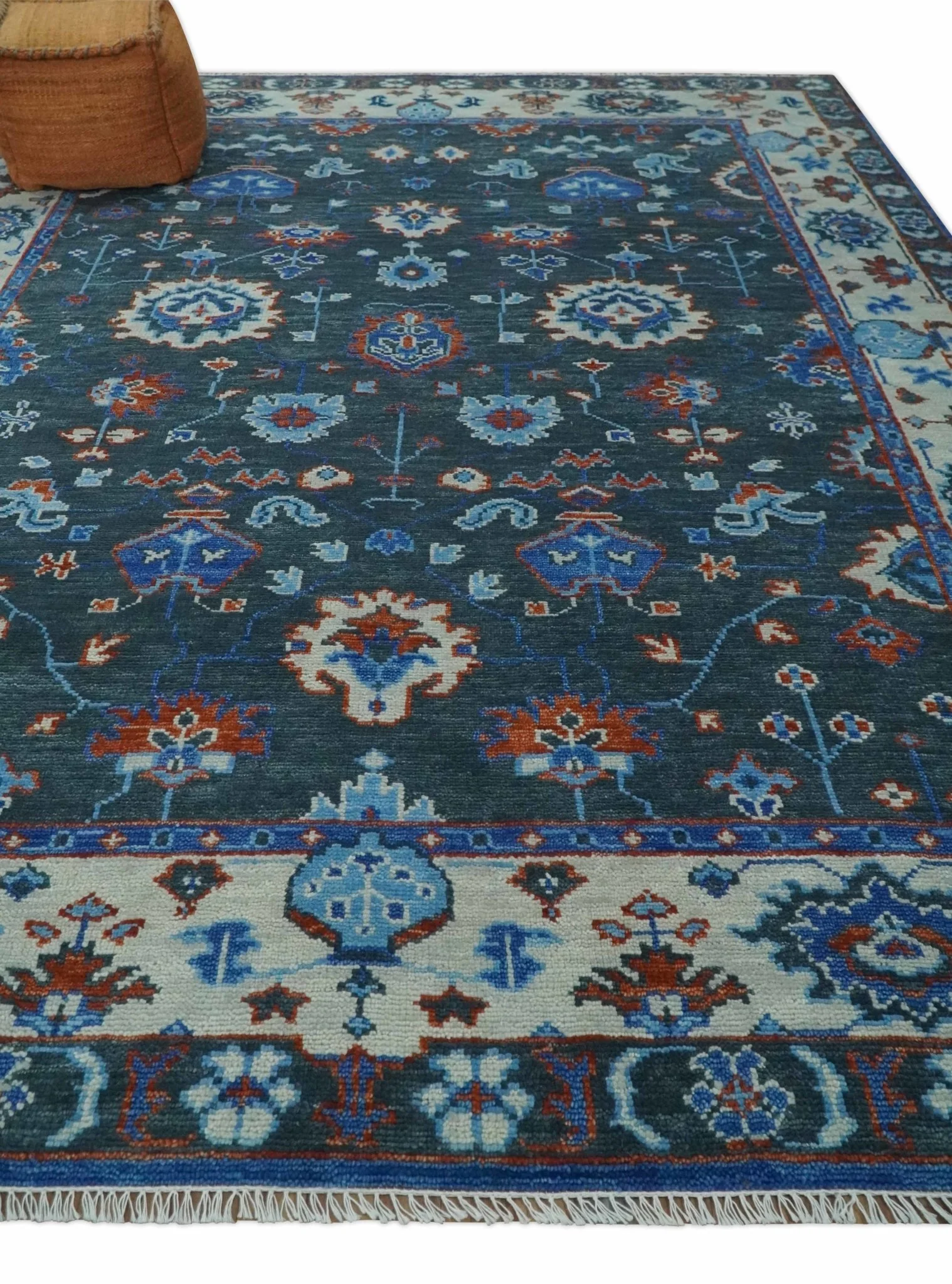 Hand Knotted Teal, Blue and Ivory Traditional Oriental Oushak Multi Size Wool Area Rug - Image 3