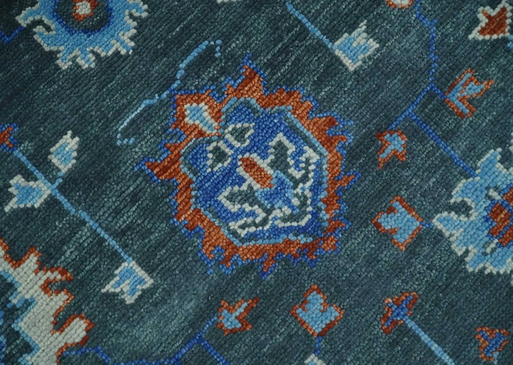 Hand Knotted Teal, Blue and Ivory Traditional Oriental Oushak Multi Size Wool Area Rug - Image 4