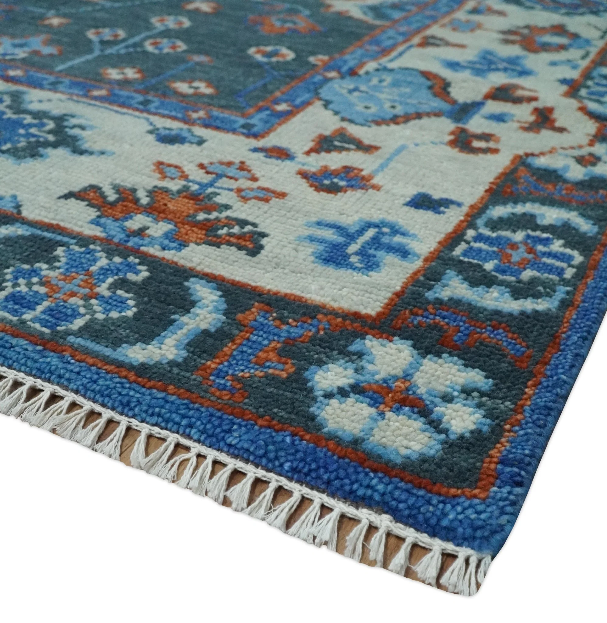 Hand Knotted Teal, Blue and Ivory Traditional Oriental Oushak Multi Size Wool Area Rug - Image 5