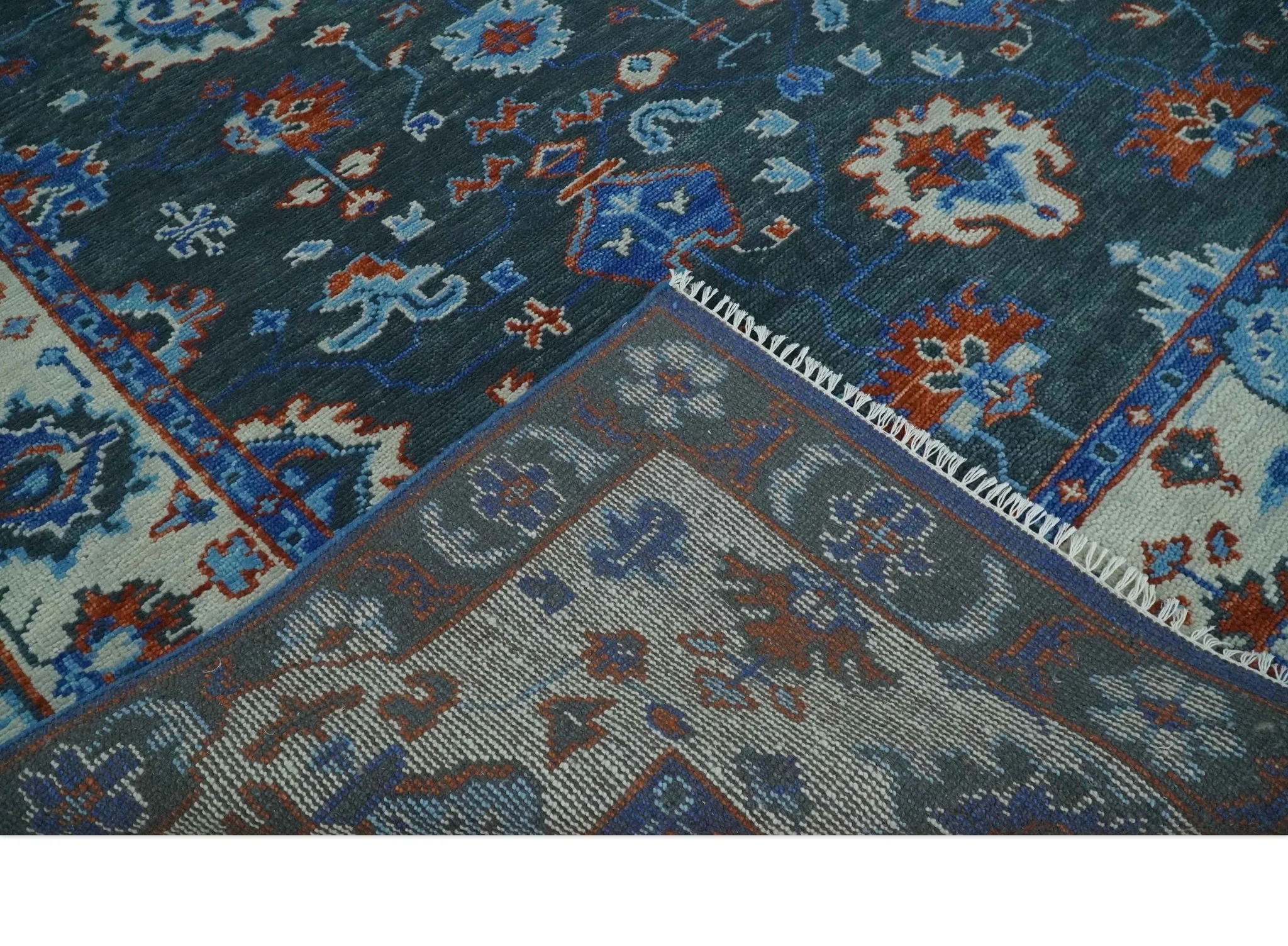 Hand Knotted Teal, Blue and Ivory Traditional Oriental Oushak Multi Size Wool Area Rug - Image 7