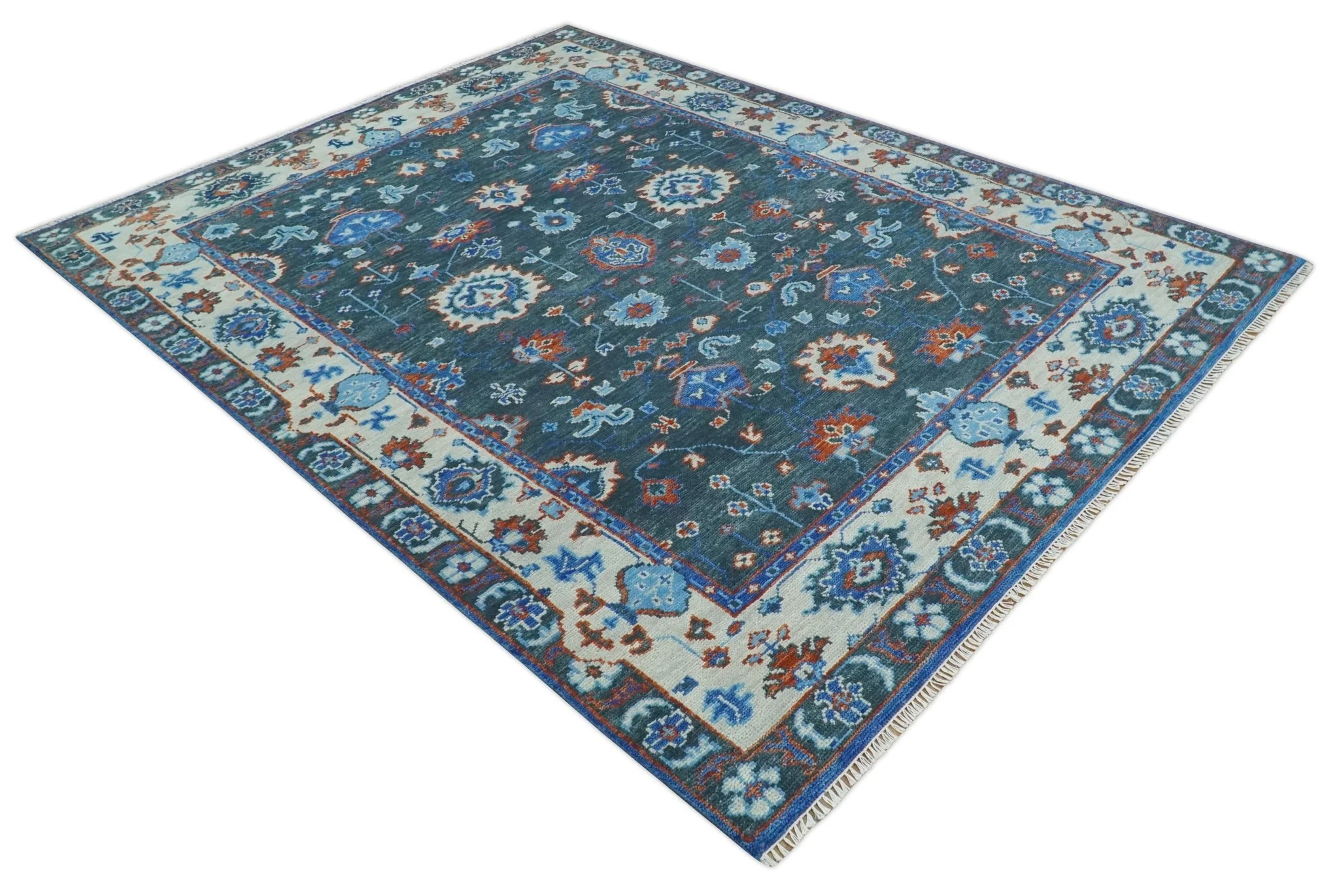 Hand Knotted Teal, Blue and Ivory Traditional Oriental Oushak Multi Size Wool Area Rug - Image 9