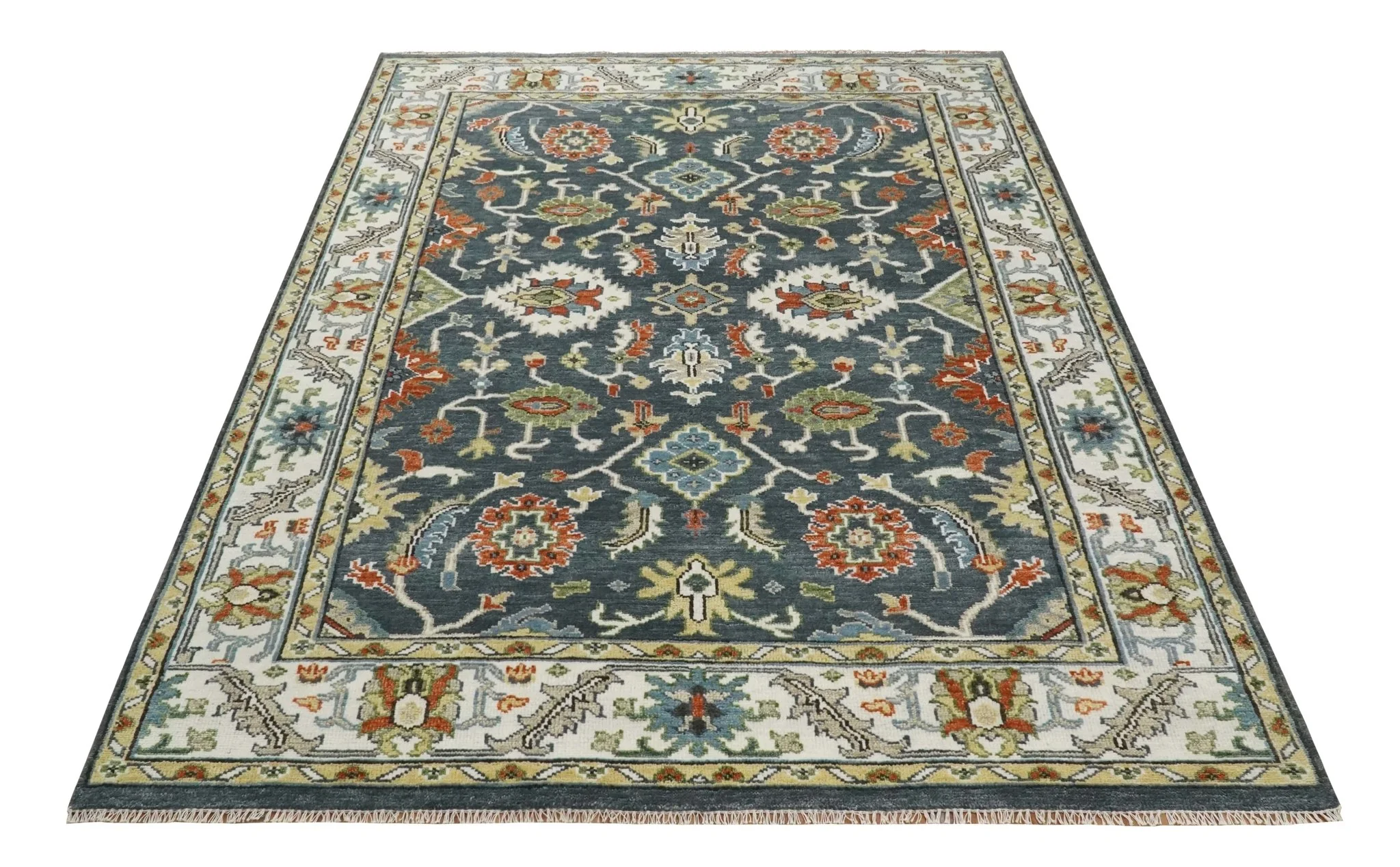 Custom Made Hand Knotted Teal, Blue and Ivory Traditional Oushak Wool Area Rug - Image 10