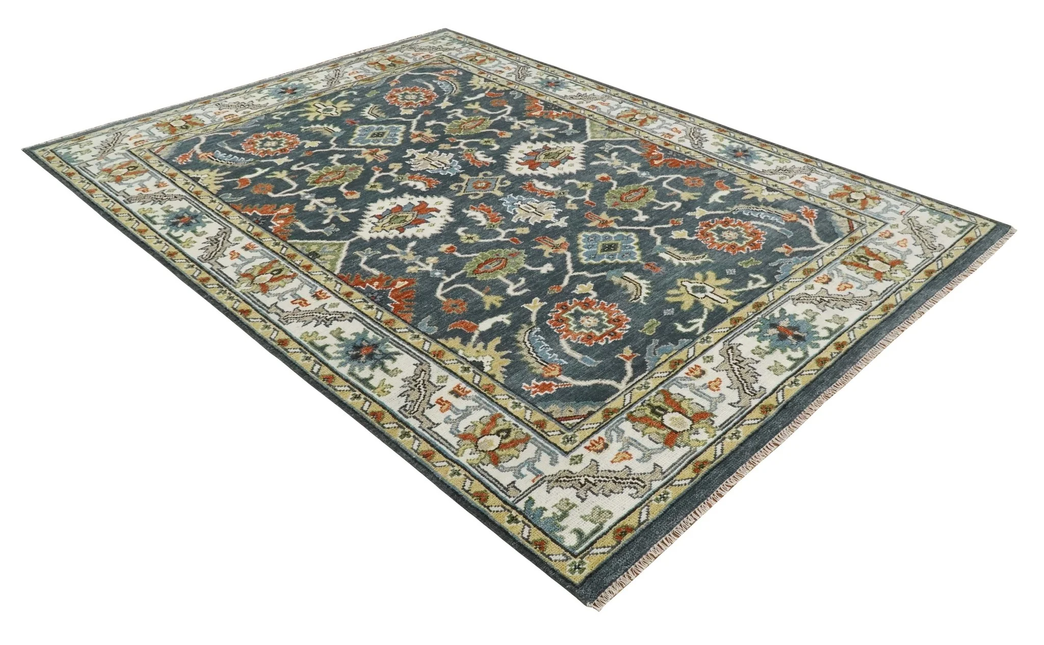 Custom Made Hand Knotted Teal, Blue and Ivory Traditional Oushak Wool Area Rug - Image 11