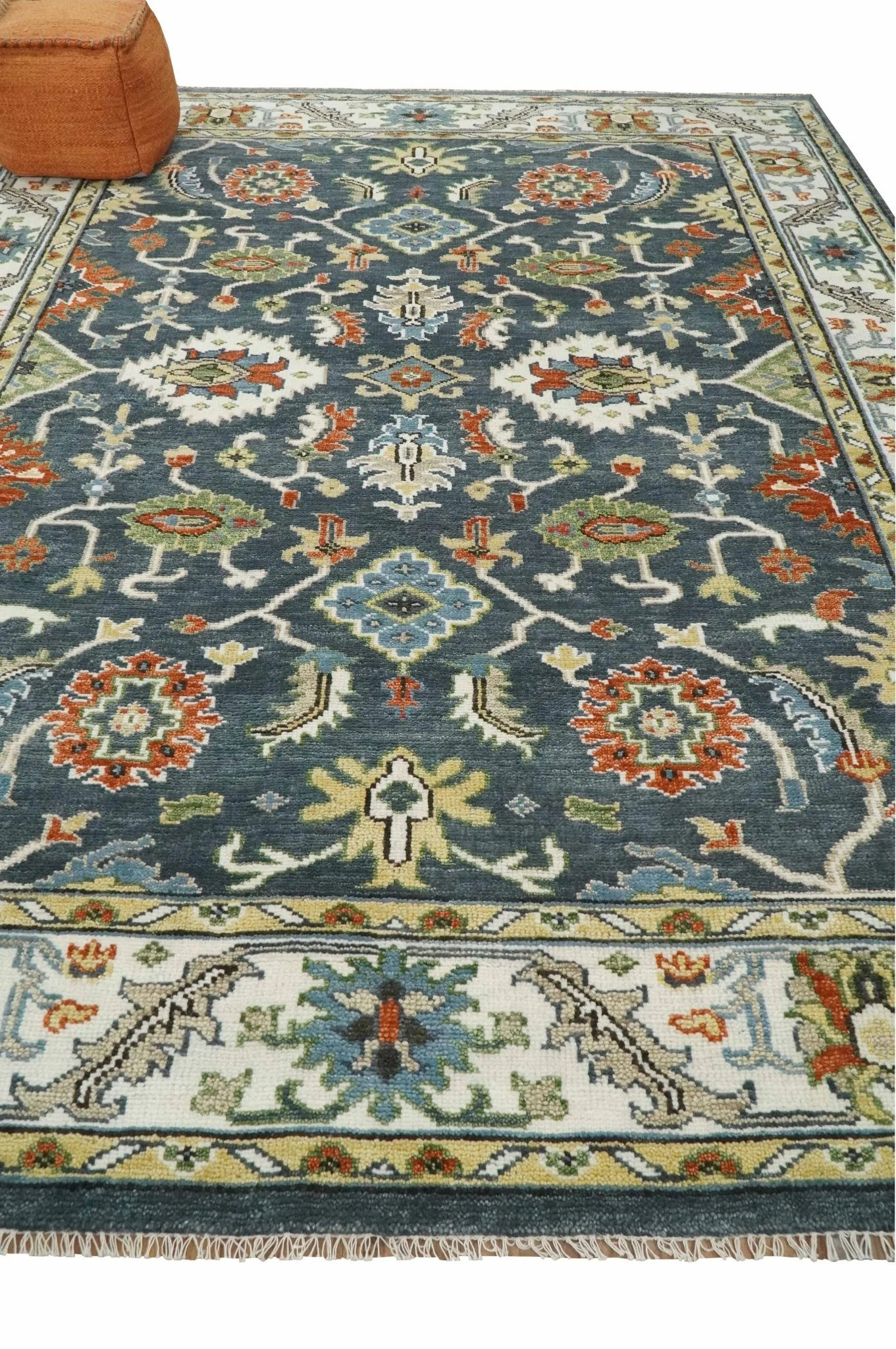Custom Made Hand Knotted Teal, Blue and Ivory Traditional Oushak Wool Area Rug - Image 3