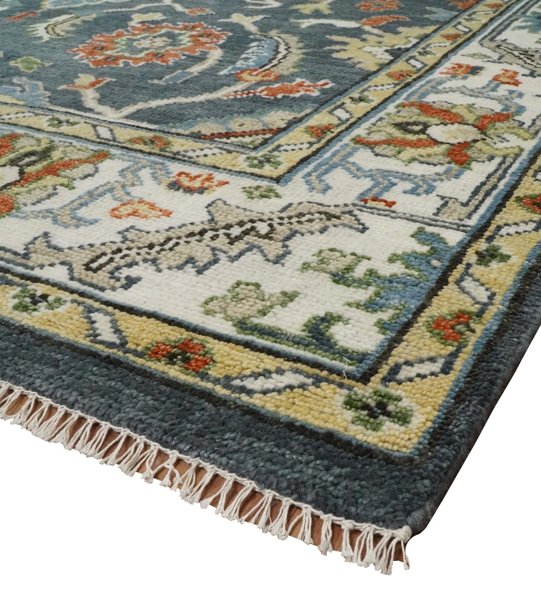 Custom Made Hand Knotted Teal, Blue and Ivory Traditional Oushak Wool Area Rug - Image 6
