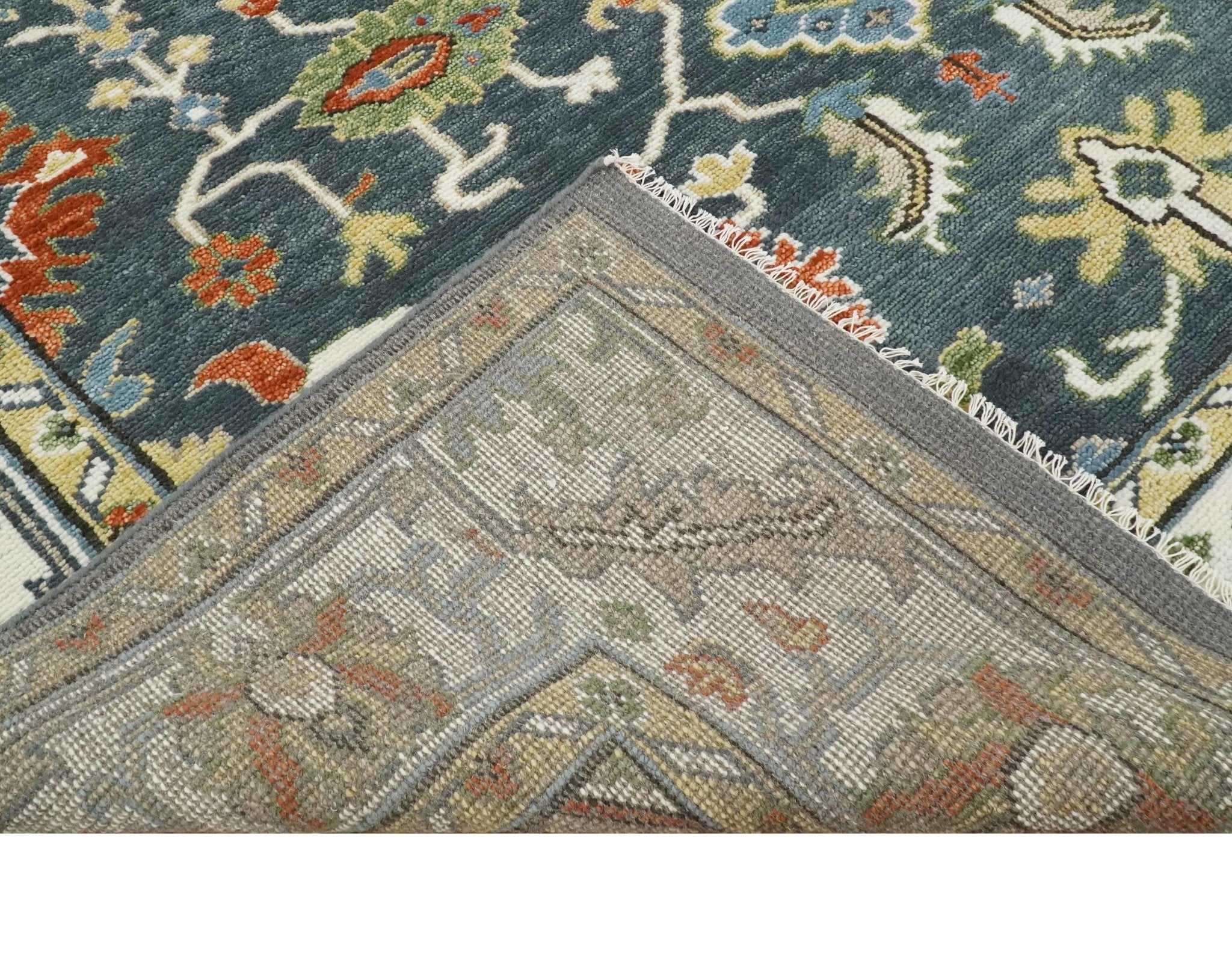 Custom Made Hand Knotted Teal, Blue and Ivory Traditional Oushak Wool Area Rug - Image 7