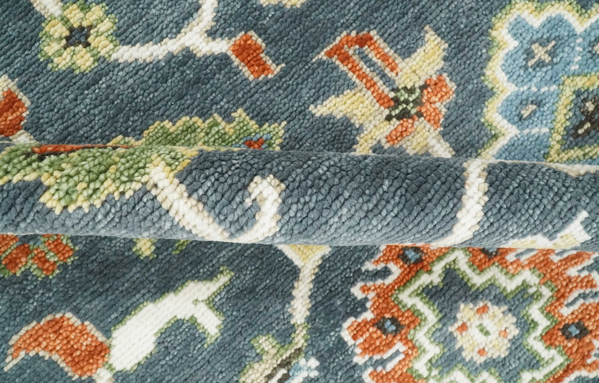 Custom Made Hand Knotted Teal, Blue and Ivory Traditional Oushak Wool Area Rug - Image 8