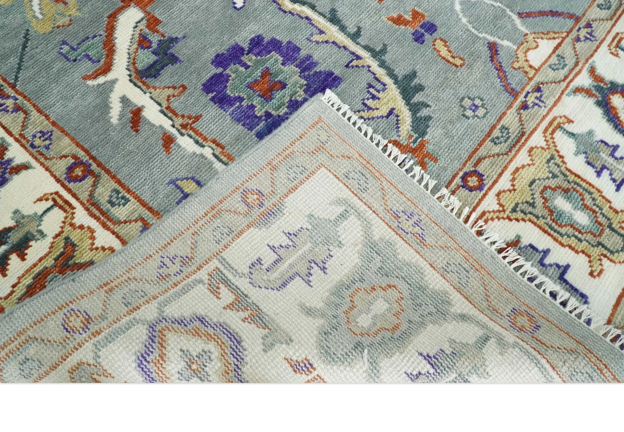 Hand Knotted Gray and Ivory Traditional Oriental Oushak Wool Area Rug - Image 5