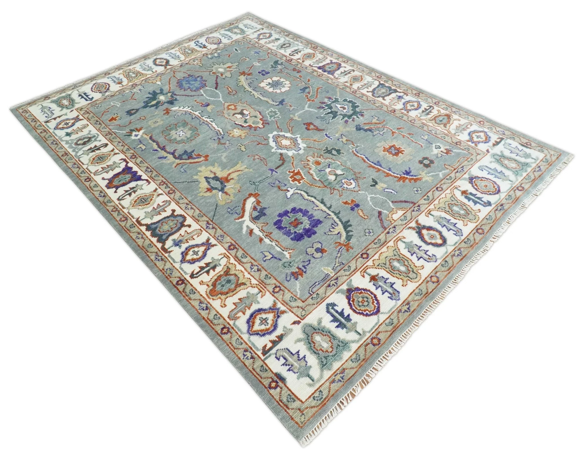 Hand Knotted Gray and Ivory Traditional Oriental Oushak Wool Area Rug - Image 8
