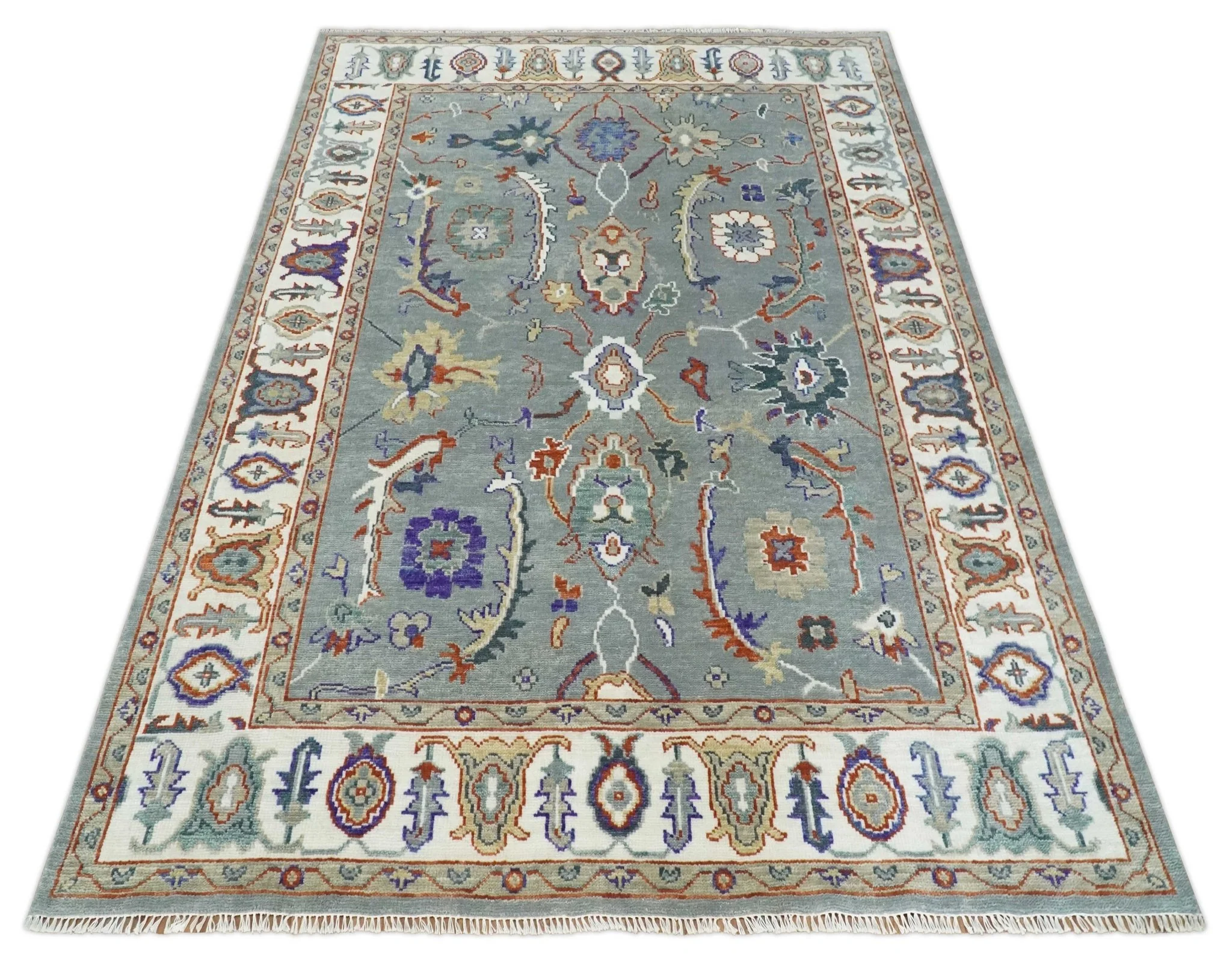 Hand Knotted Gray and Ivory Traditional Oriental Oushak Wool Area Rug - Image 9