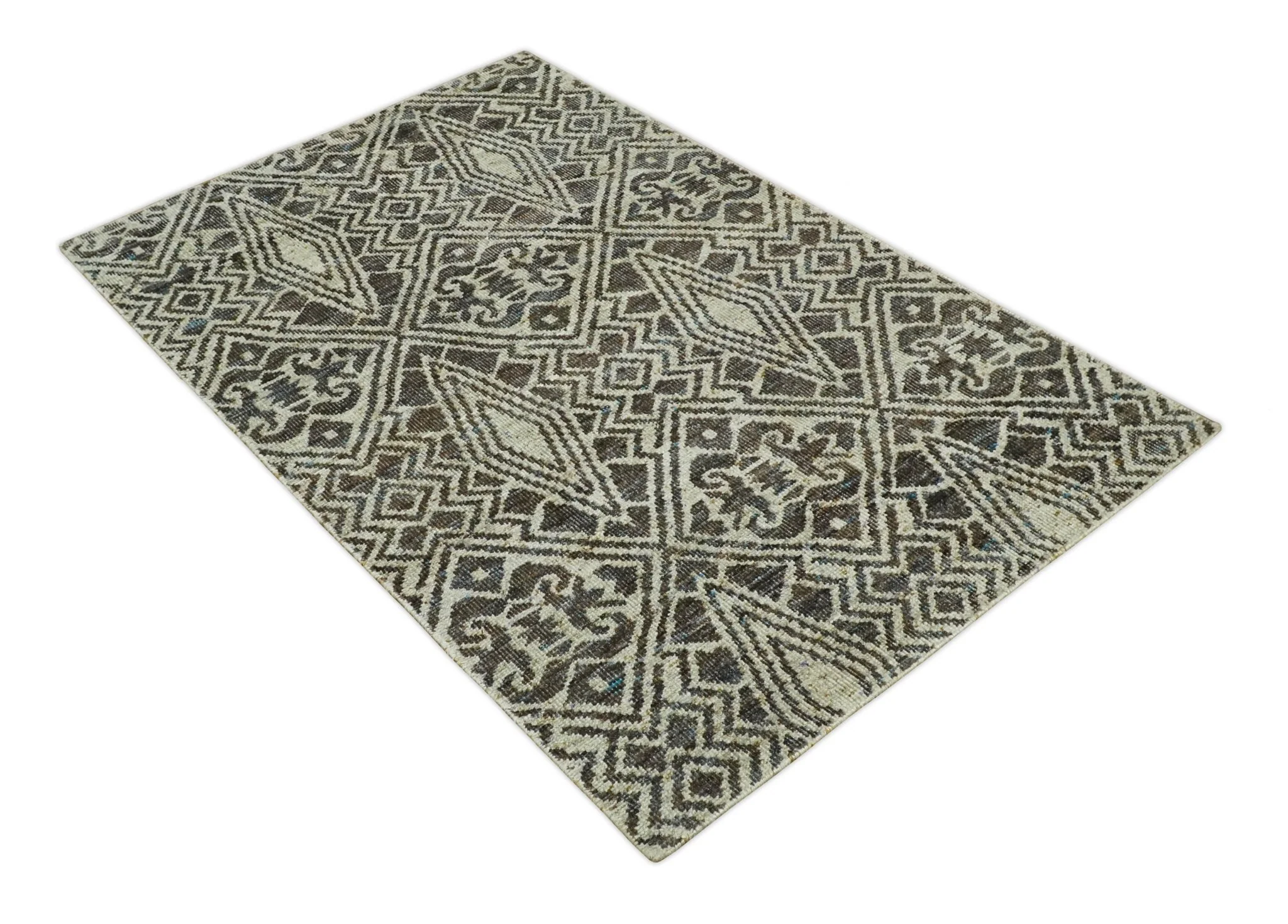 Hand Knotted 5x8 Beige and Brown Modern Persian Contemporary Southwestern Tribal Trellis Recycled Silk Area Rug | OP106 - Image 10