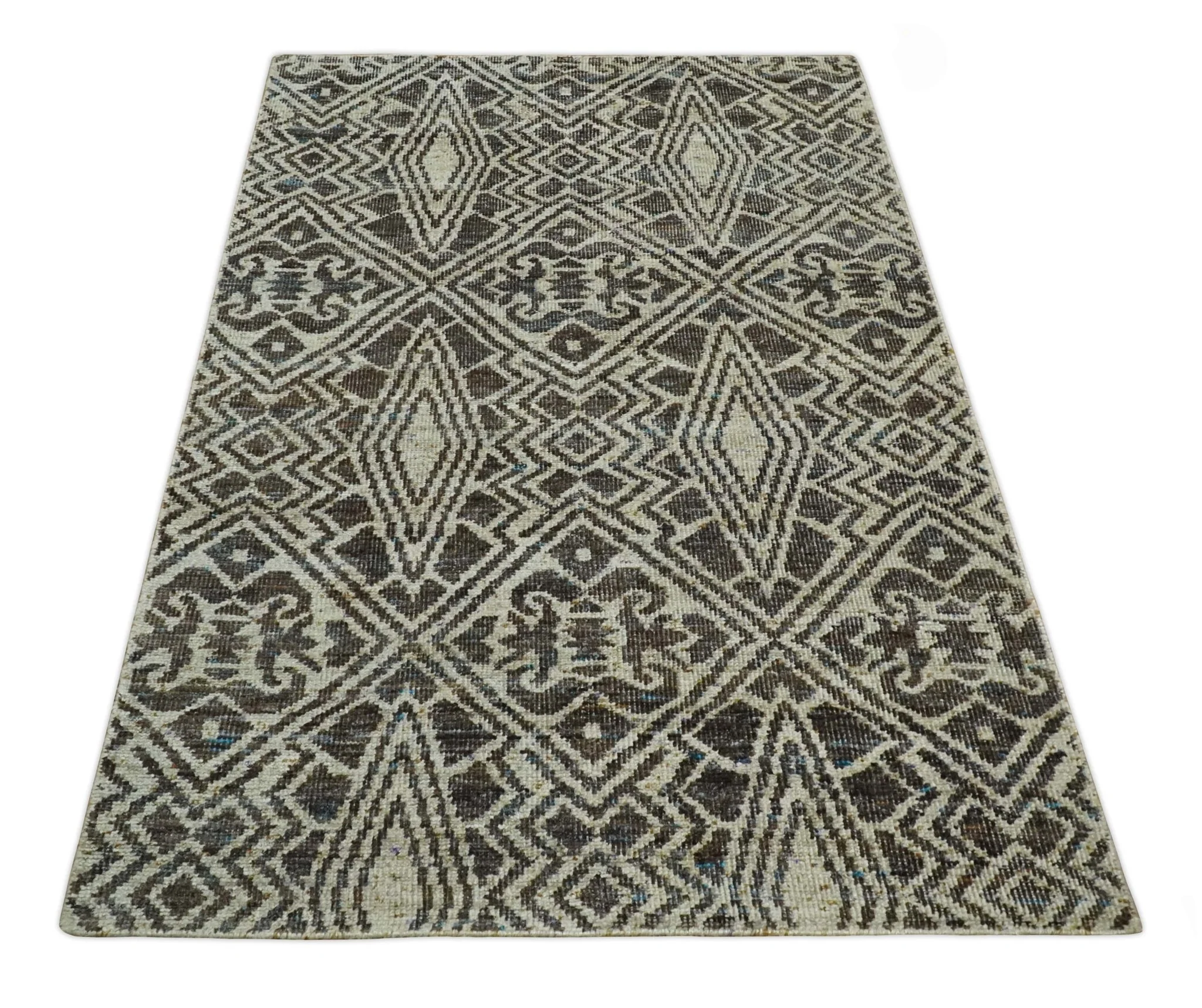 Hand Knotted 5x8 Beige and Brown Modern Persian Contemporary Southwestern Tribal Trellis Recycled Silk Area Rug | OP106 - Image 11