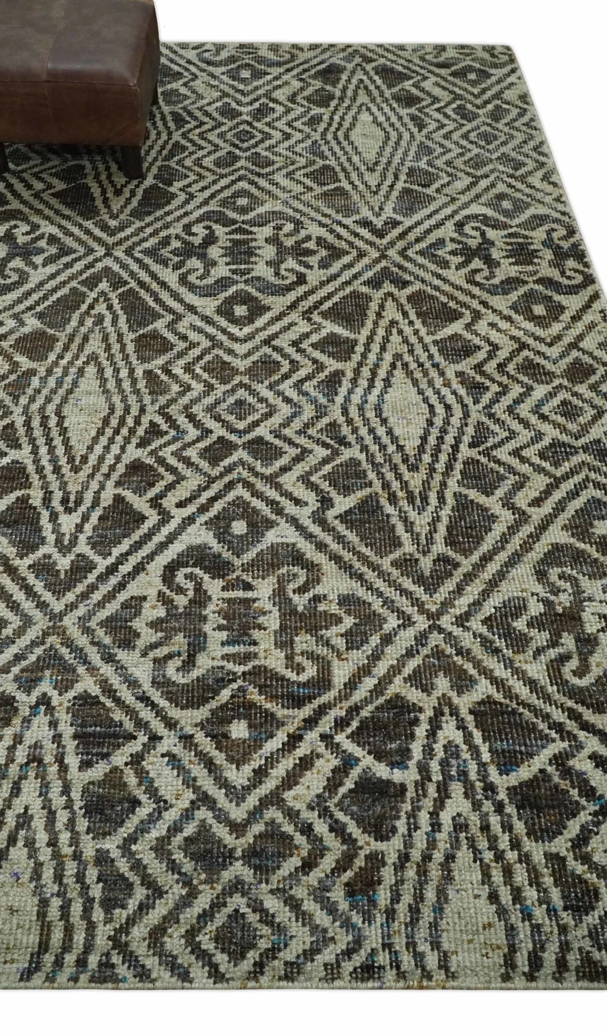 Hand Knotted 5x8 Beige and Brown Modern Persian Contemporary Southwestern Tribal Trellis Recycled Silk Area Rug | OP106 - Image 3