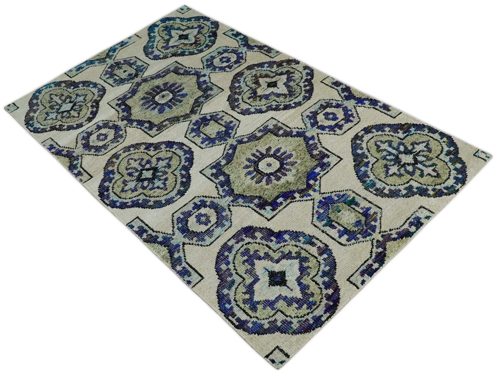 Hand Knotted 5x8 Beige, Violet and Olive Persian made of Recycled Silk Area Rug | OP98 - Image 10