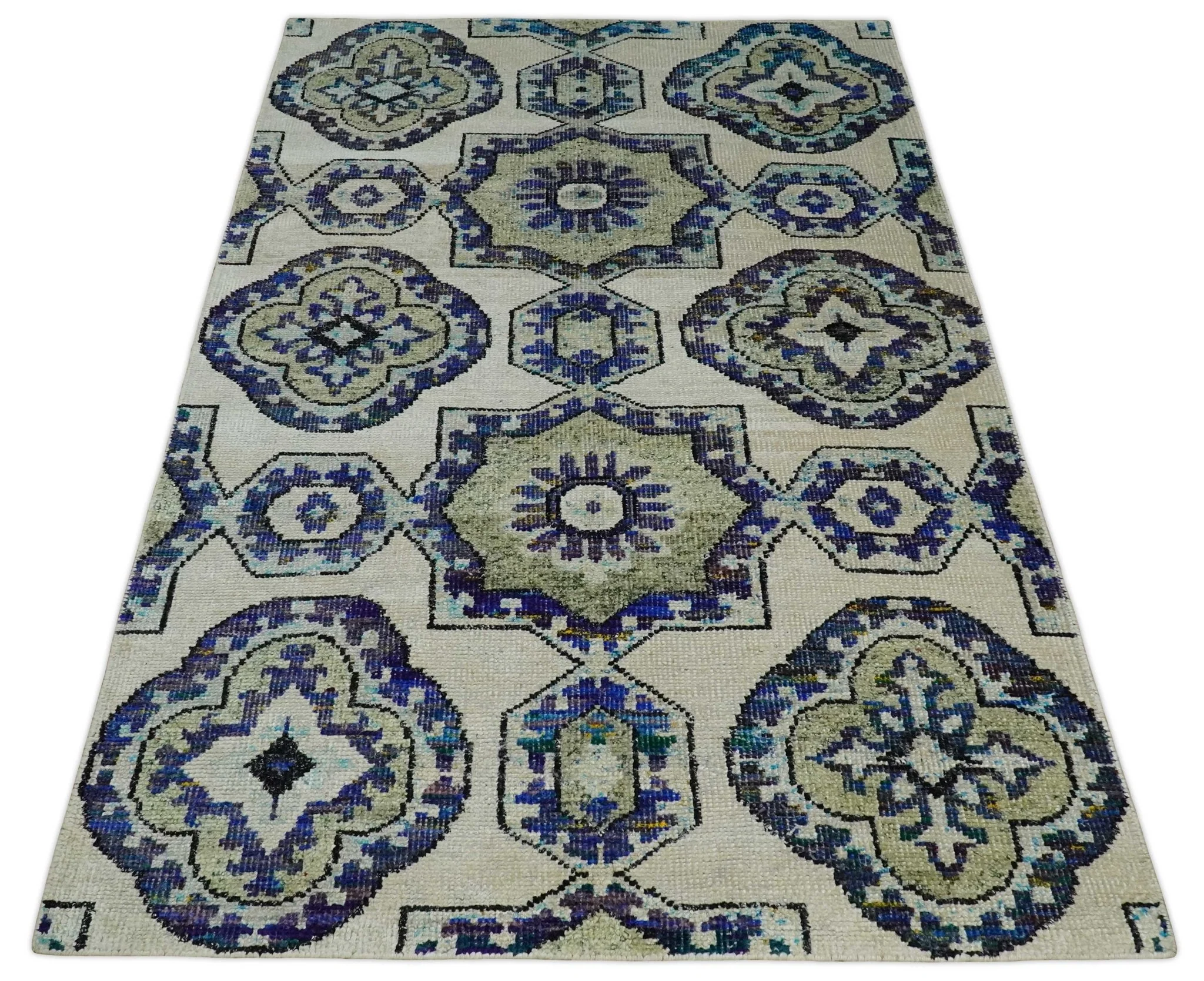 Hand Knotted 5x8 Beige, Violet and Olive Persian made of Recycled Silk Area Rug | OP98 - Image 11