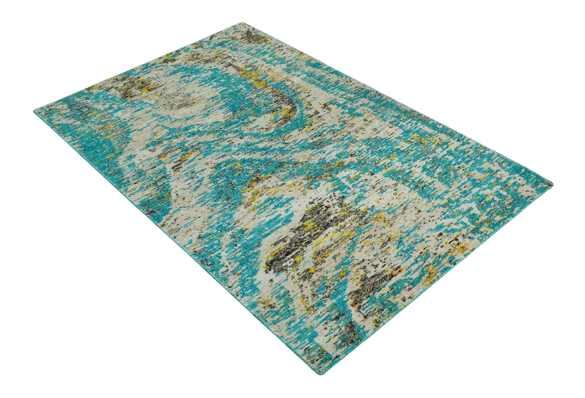 Hand Knotted 5x8 Blue, Ivory and Brown Modern Abstract Contemporary Recycled Silk Area Rug | OP79 - Image 10