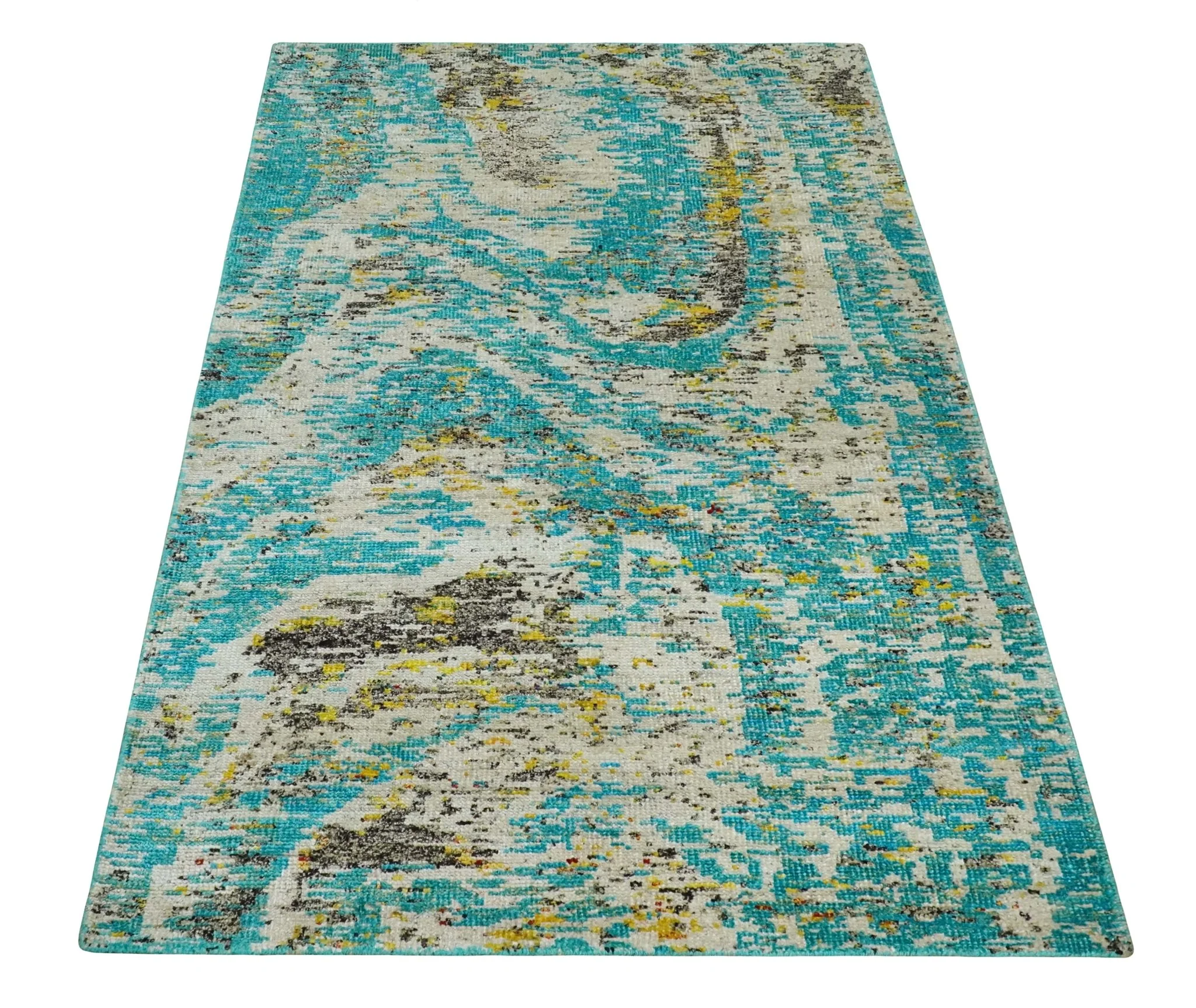 Hand Knotted 5x8 Blue, Ivory and Brown Modern Abstract Contemporary Recycled Silk Area Rug | OP79 - Image 11