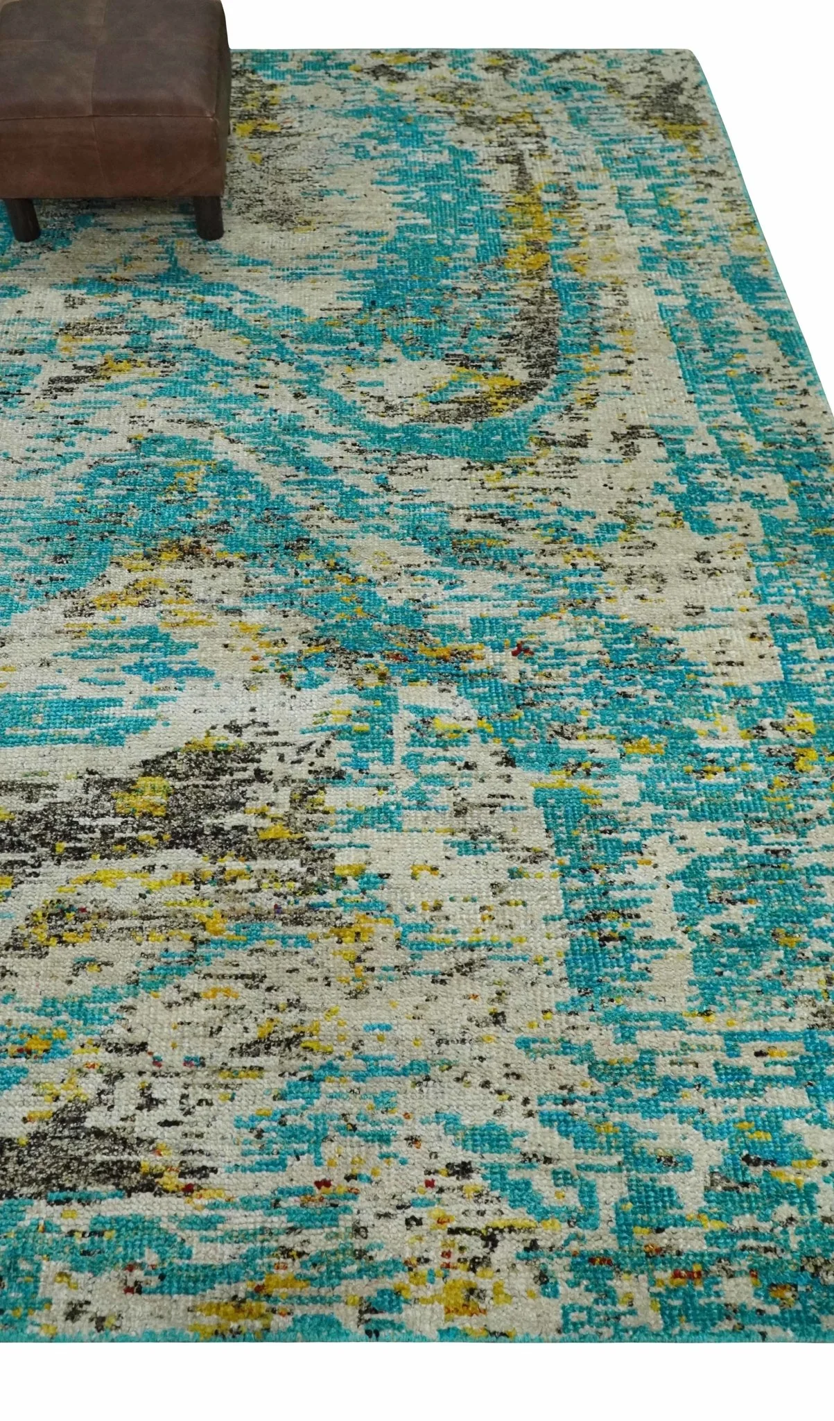 Hand Knotted 5x8 Blue, Ivory and Brown Modern Abstract Contemporary Recycled Silk Area Rug | OP79 - Image 4