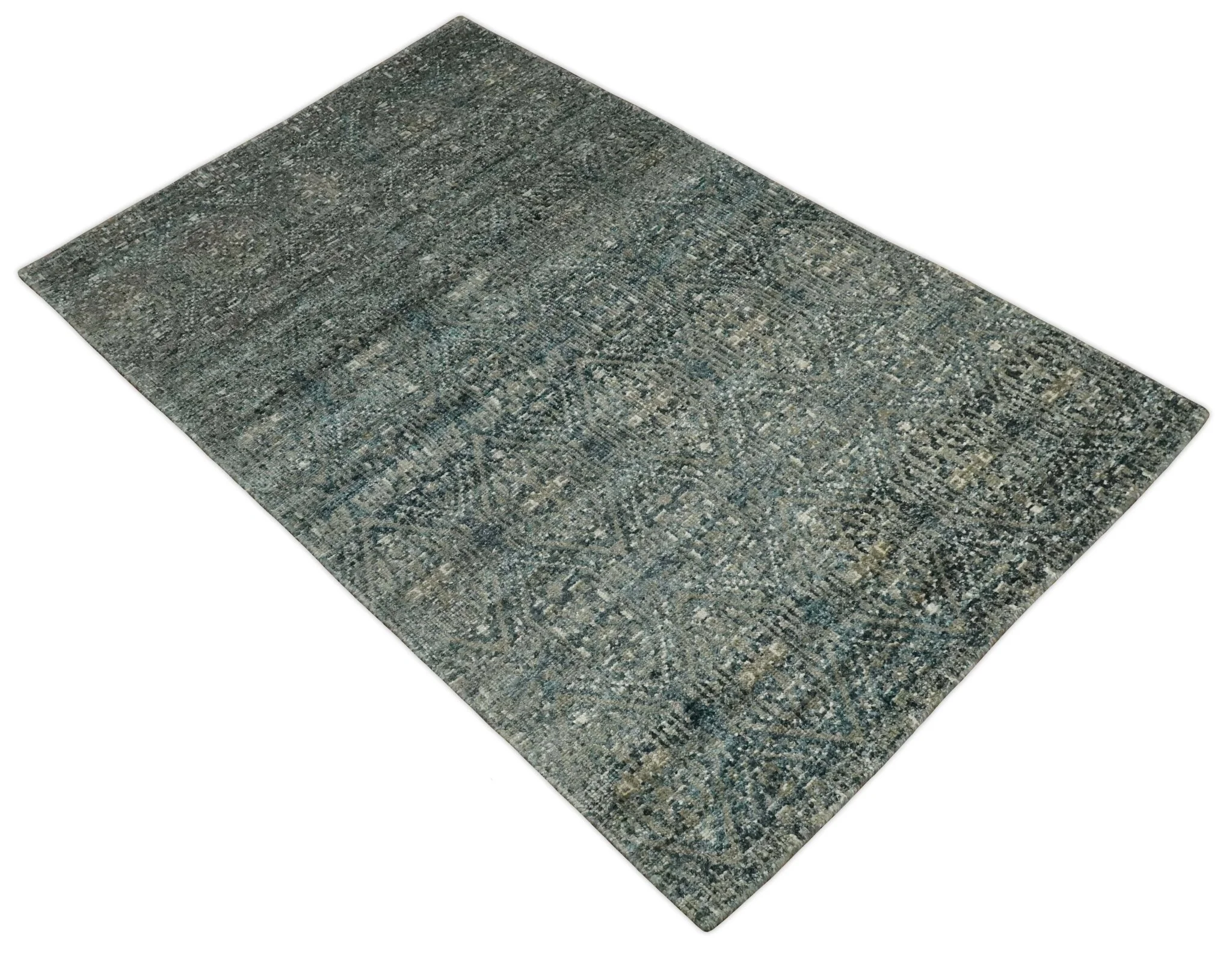 Hand Knotted 5x8 Brown, Teal and Ivory Antique Persian Style Contemporary Bamboo Silk Area Rug | OP100 - Image 10