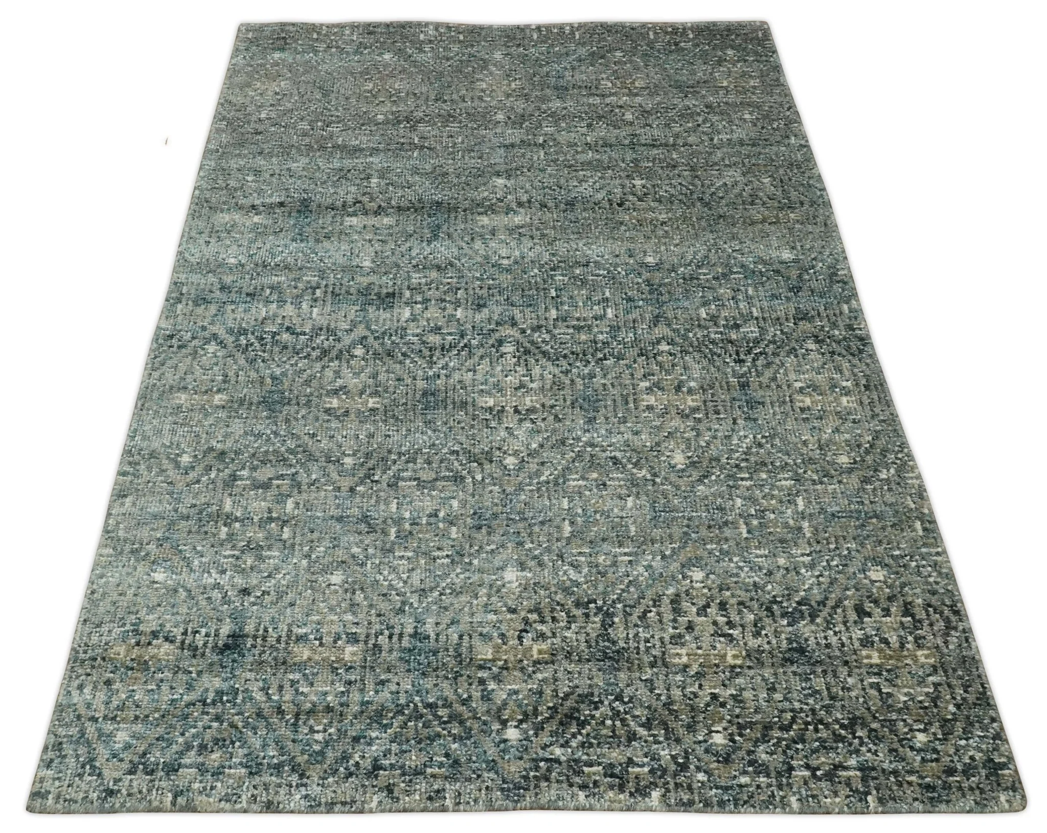 Hand Knotted 5x8 Brown, Teal and Ivory Antique Persian Style Contemporary Bamboo Silk Area Rug | OP100 - Image 11