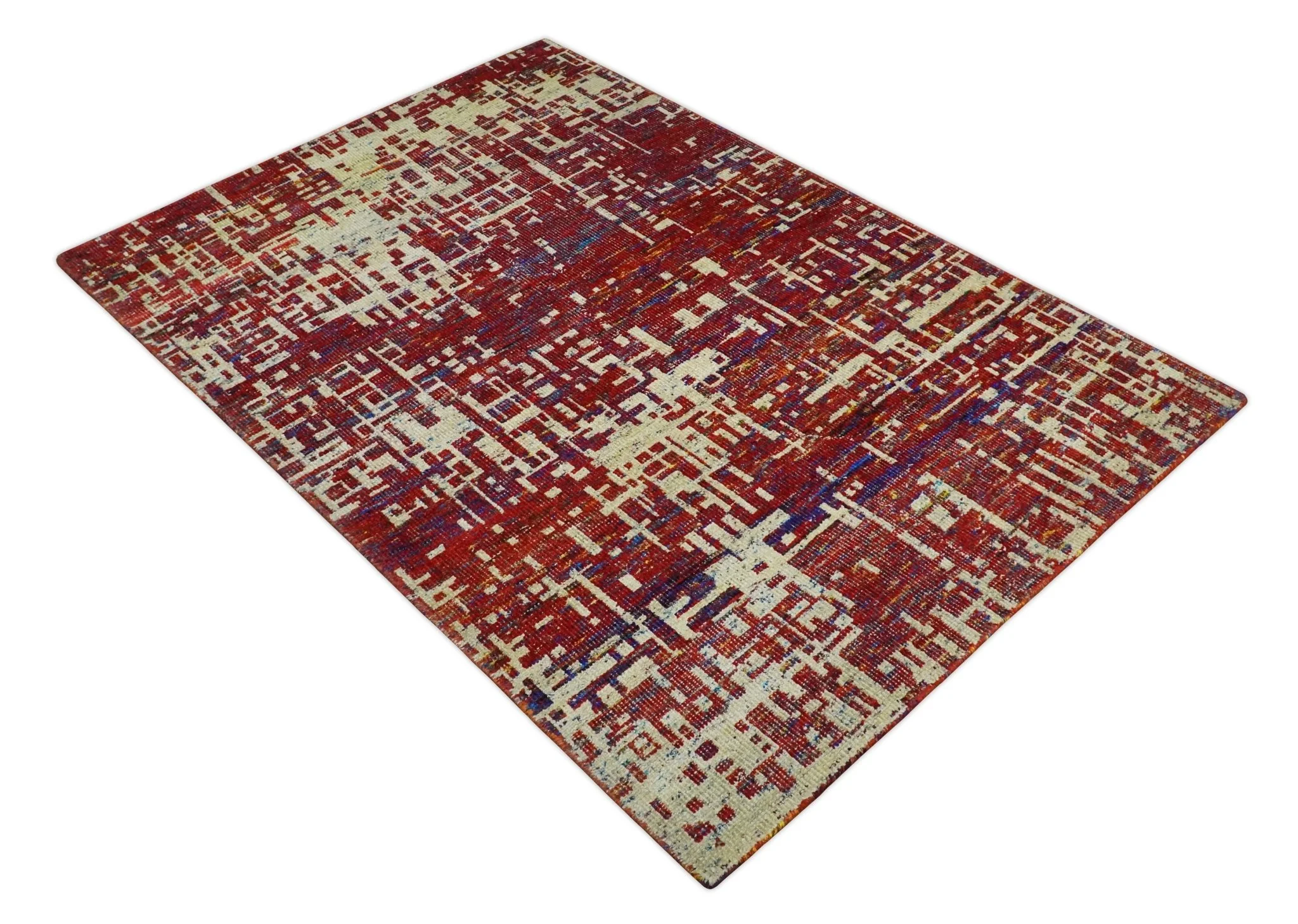 Hand Knotted 5x8 Camel, Rust and Blue Modern Abstract Contemporary Recycled Silk Area Rug | OP126 - Image 10