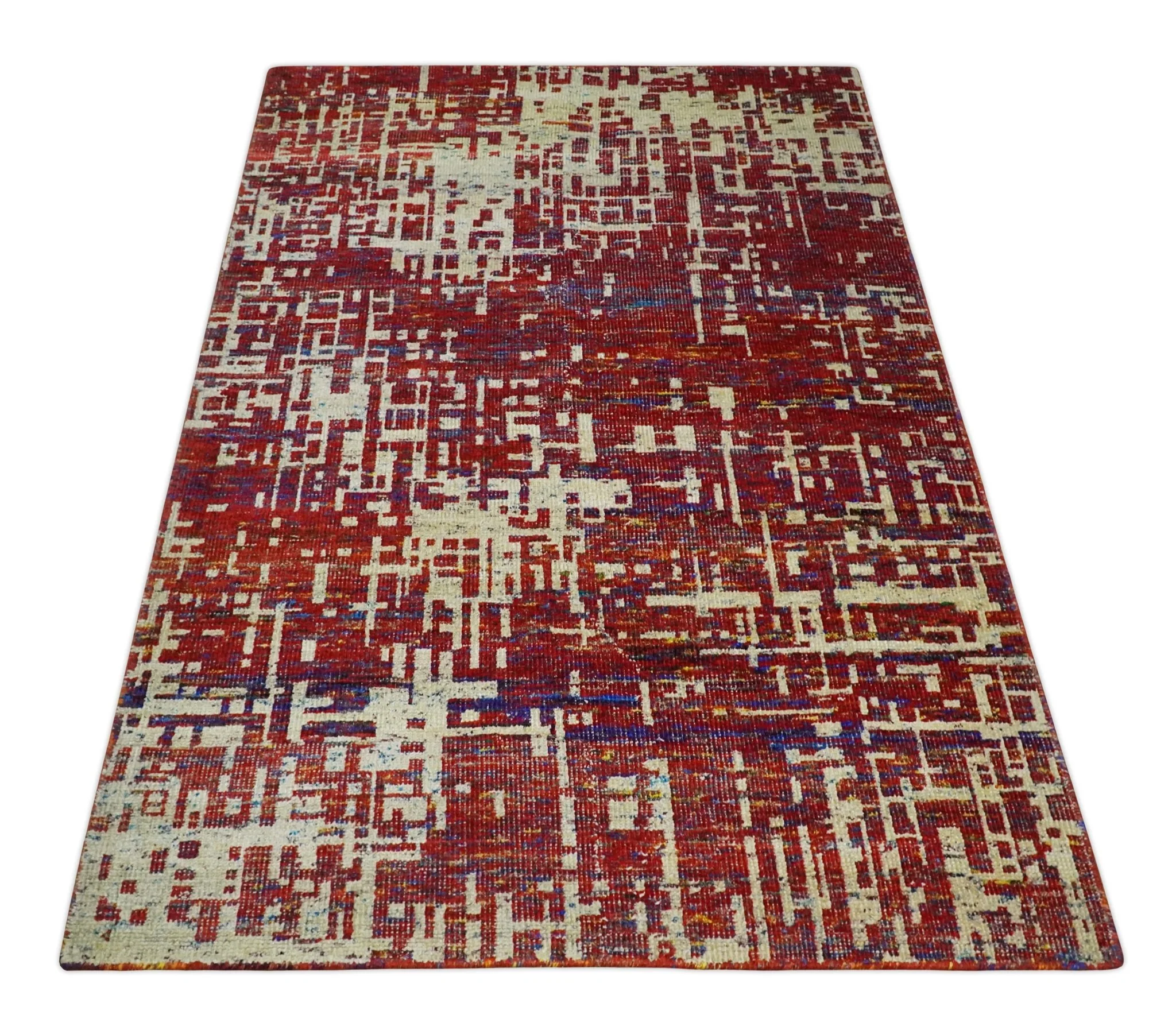 Hand Knotted 5x8 Camel, Rust and Blue Modern Abstract Contemporary Recycled Silk Area Rug | OP126 - Image 11