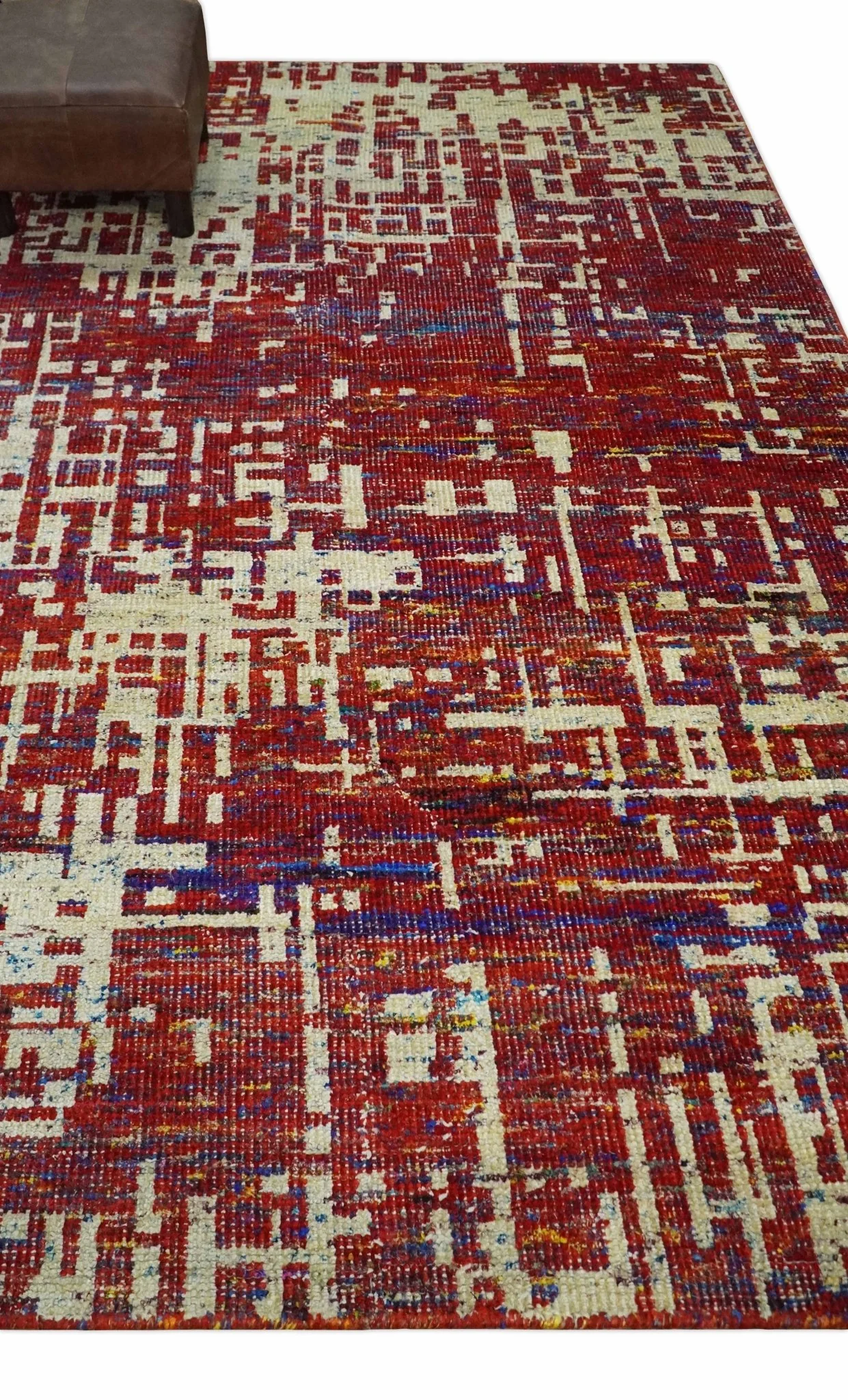 Hand Knotted 5x8 Camel, Rust and Blue Modern Abstract Contemporary Recycled Silk Area Rug | OP126 - Image 3