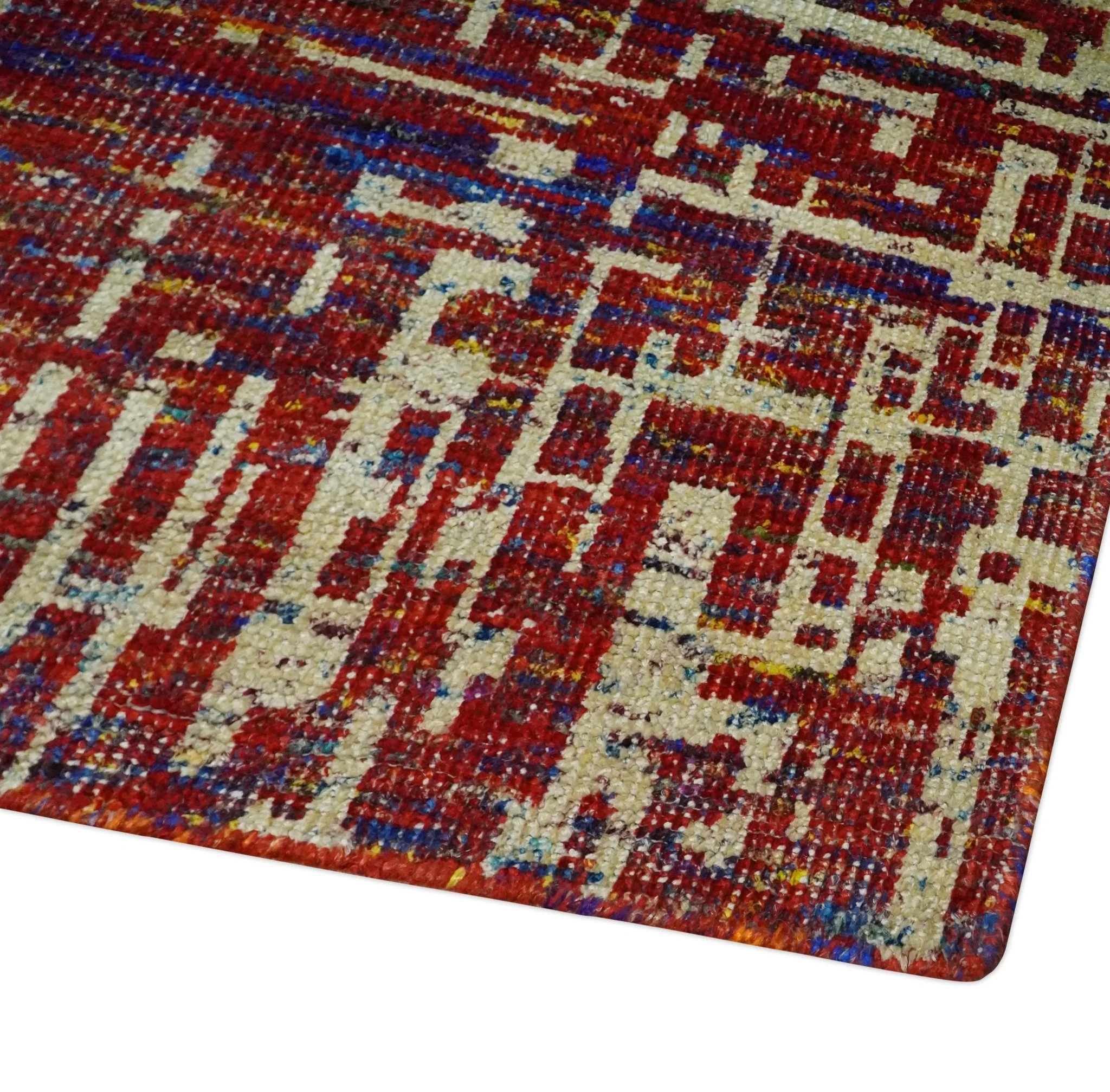 Hand Knotted 5x8 Camel, Rust and Blue Modern Abstract Contemporary Recycled Silk Area Rug | OP126 - Image 5