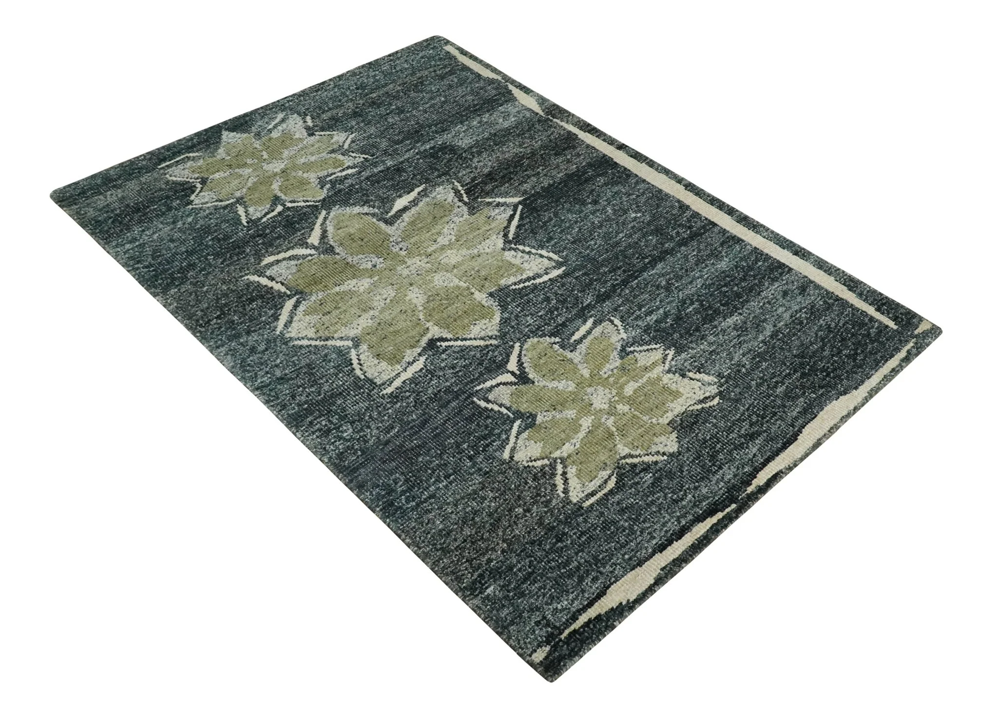 Hand Knotted 5x8 Charcoal, Beige and Olive Floral Persian made of Recycled Silk Area Rug | OP90 - Image 10
