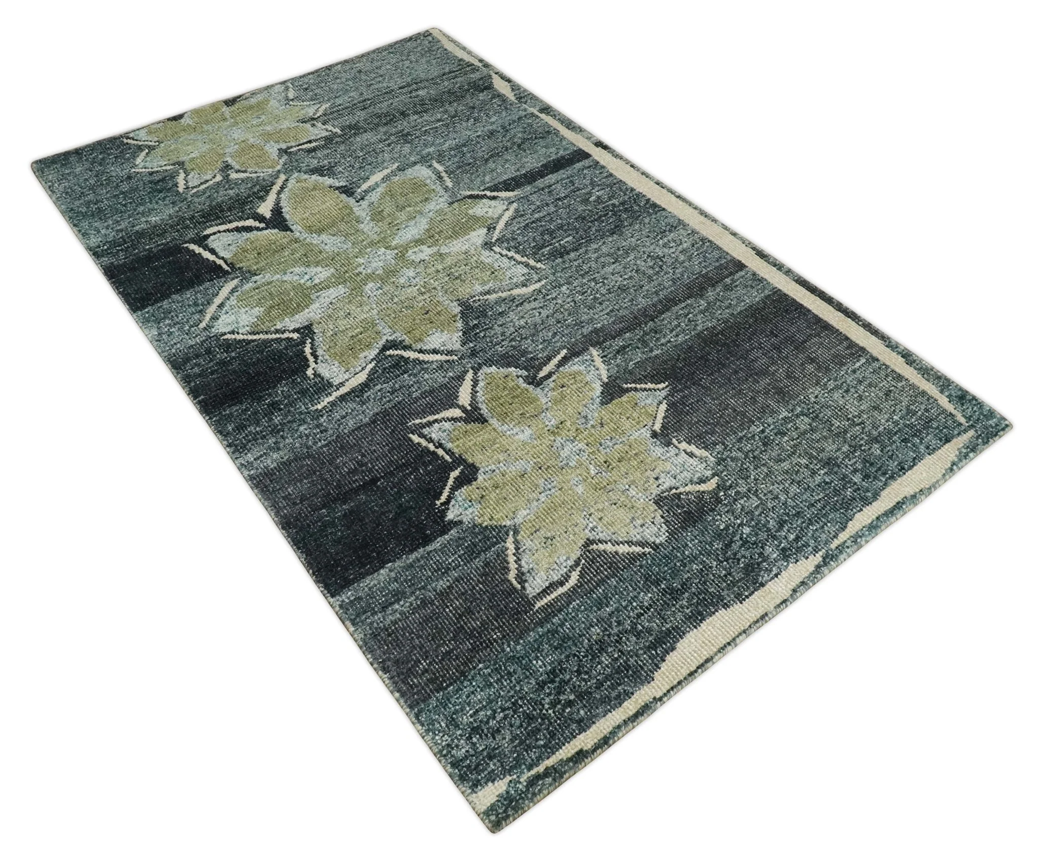 Hand Knotted 5x8 Charcoal, Beige and Teal Floral Persian made of Recycled Silk Area Rug | OP122 - Image 10