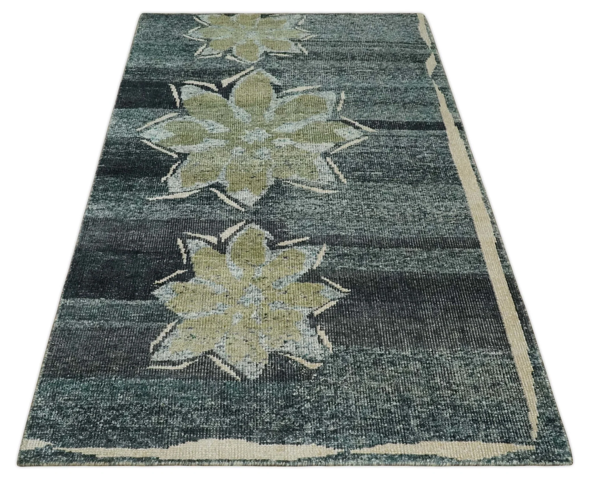 Hand Knotted 5x8 Charcoal, Beige and Teal Floral Persian made of Recycled Silk Area Rug | OP122 - Image 11