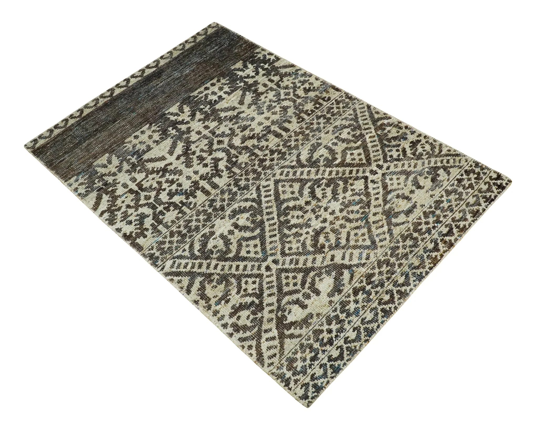Hand Knotted 5x8 Ivory and Brown Antique Persian Style Contemporary Recycled Silk Area Rug | OP82 - Image 10