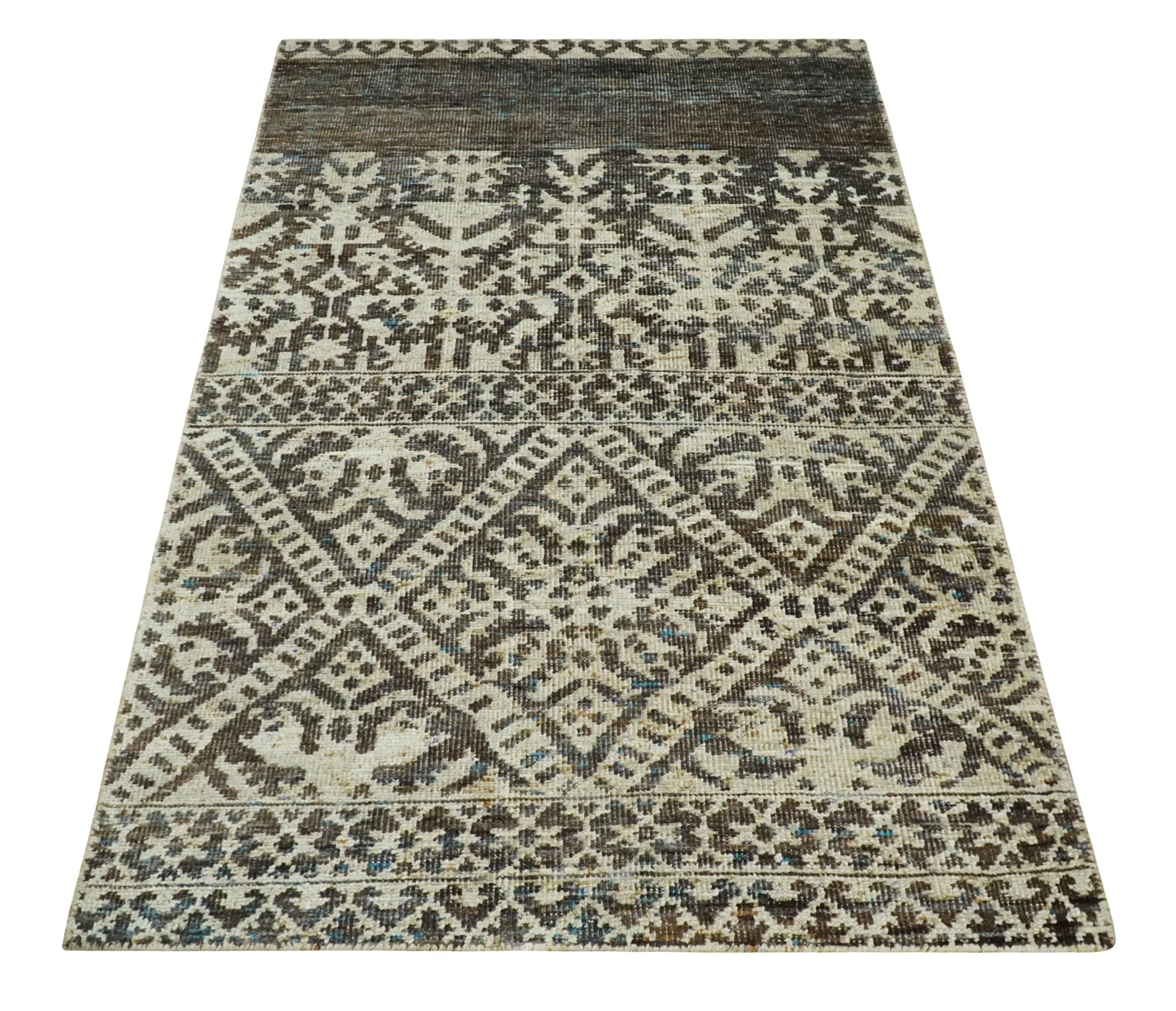 Hand Knotted 5x8 Ivory and Brown Antique Persian Style Contemporary Recycled Silk Area Rug | OP82 - Image 11