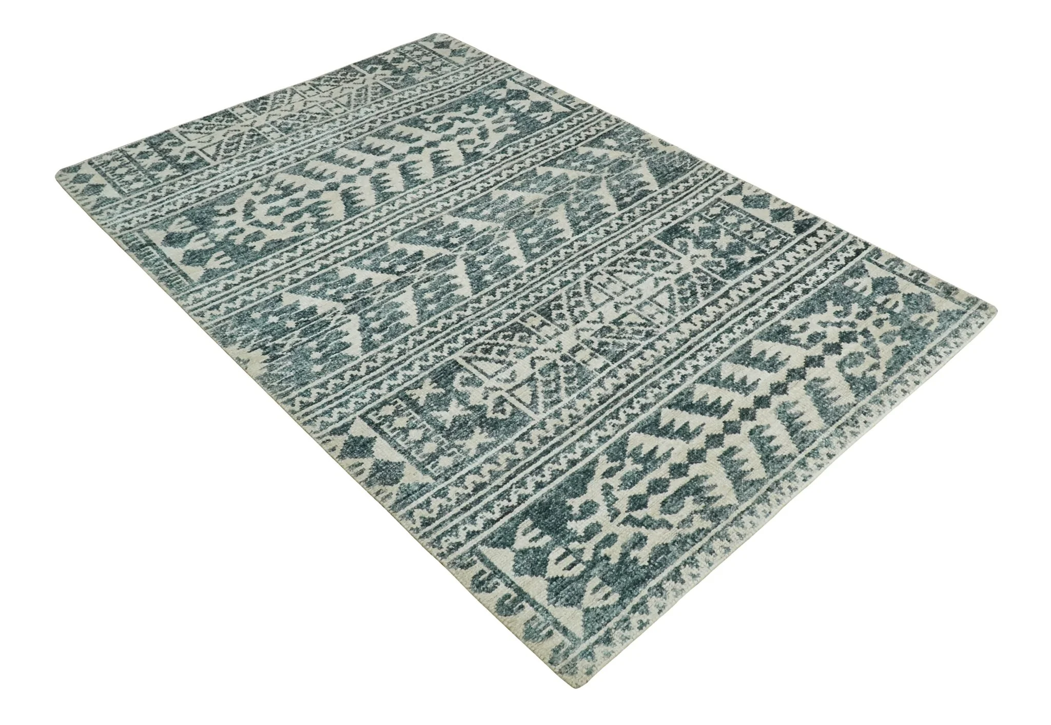 Hand Knotted 5x8 Ivory and Teal Modern Persian Style Contemporary Recycled Silk Area Rug | OP113 - Image 10