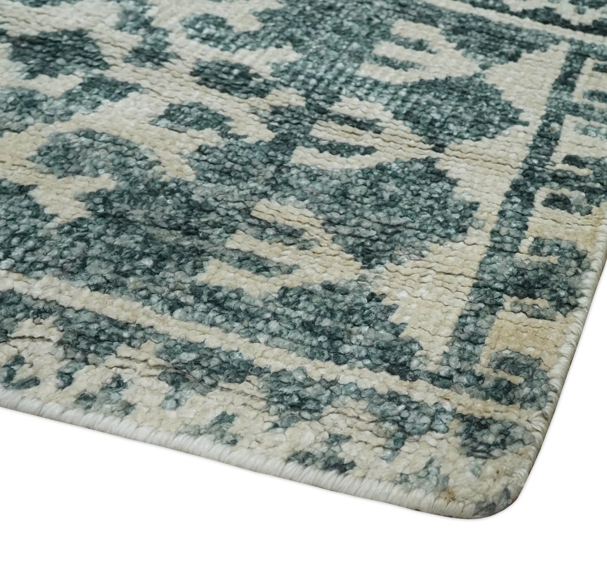 Hand Knotted 5x8 Ivory and Teal Modern Persian Style Contemporary Recycled Silk Area Rug | OP113 - Image 3