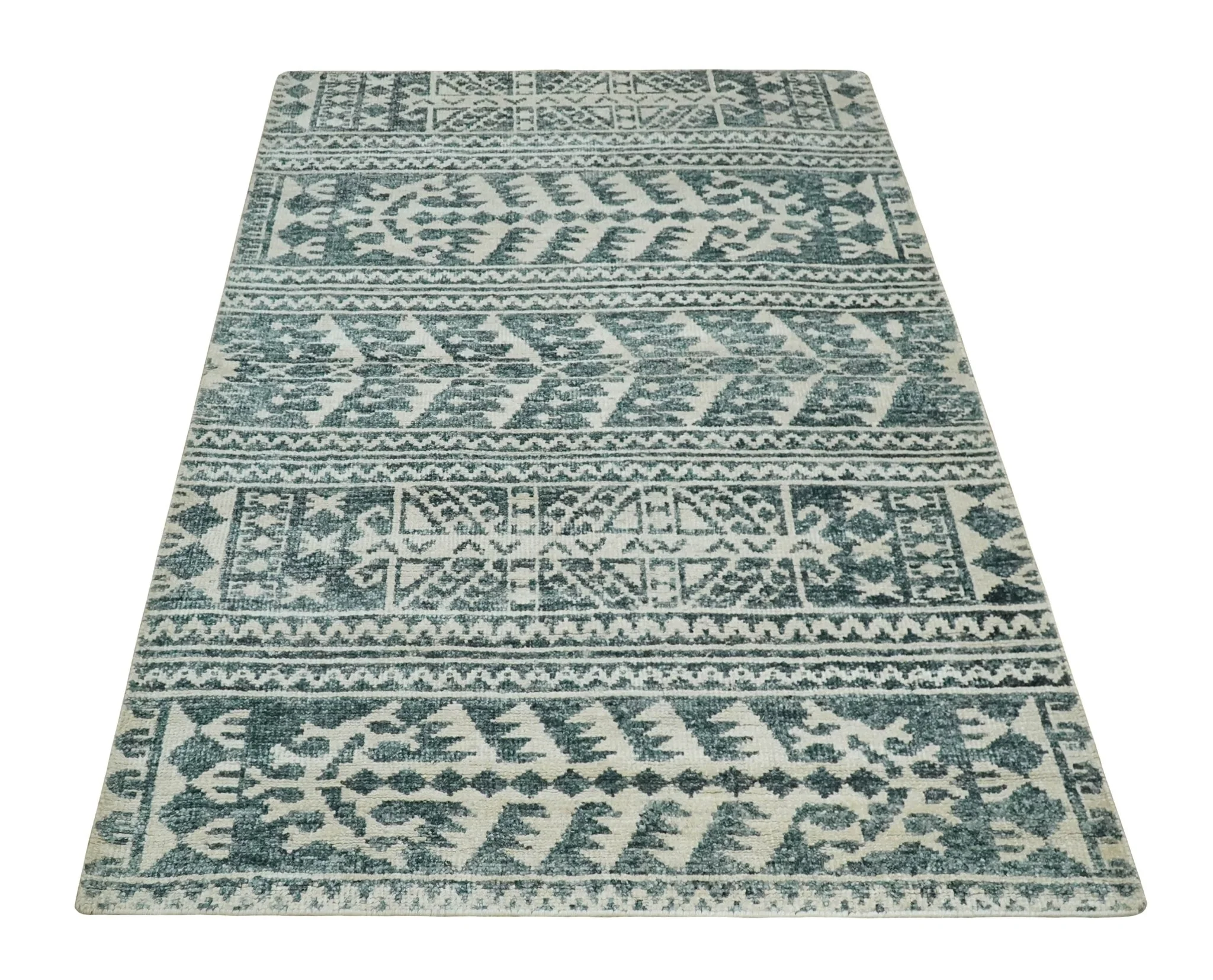 Hand Knotted 5x8 Ivory and Teal Modern Persian Style Contemporary Recycled Silk Area Rug | OP113 - Image 9