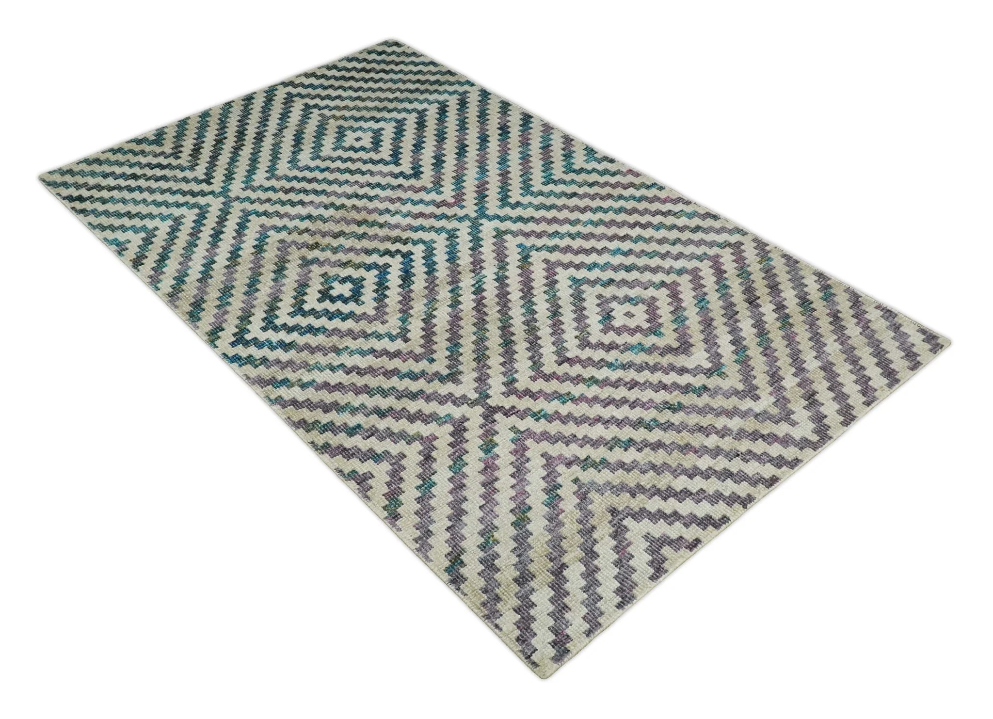 Hand Knotted 5x8 Ivory, Blue and Purple Antique Persian Geometric Style Contemporary Bamboo Silk Area Rug | OP125 - Image 10