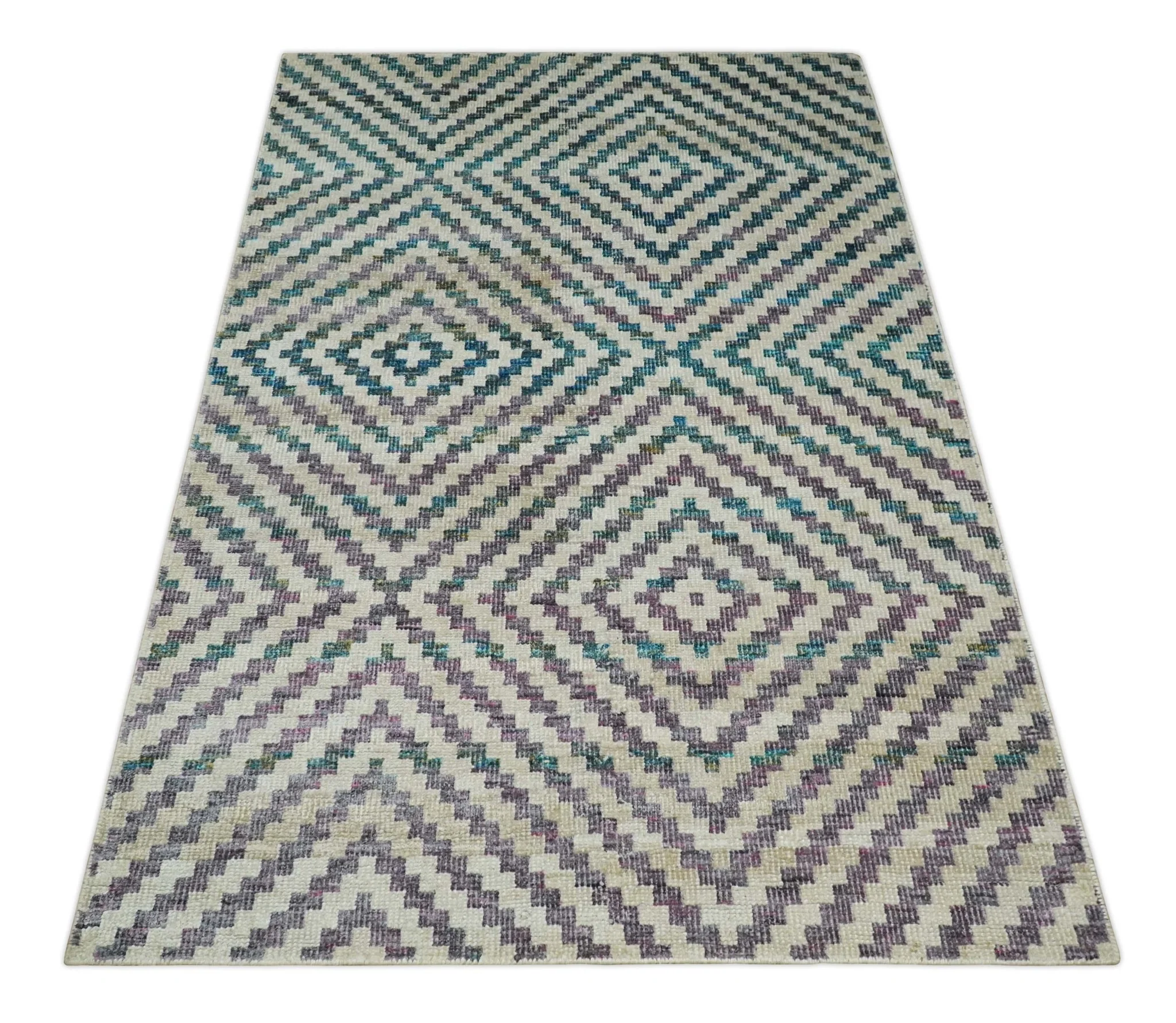 Hand Knotted 5x8 Ivory, Blue and Purple Antique Persian Geometric Style Contemporary Bamboo Silk Area Rug | OP125 - Image 11