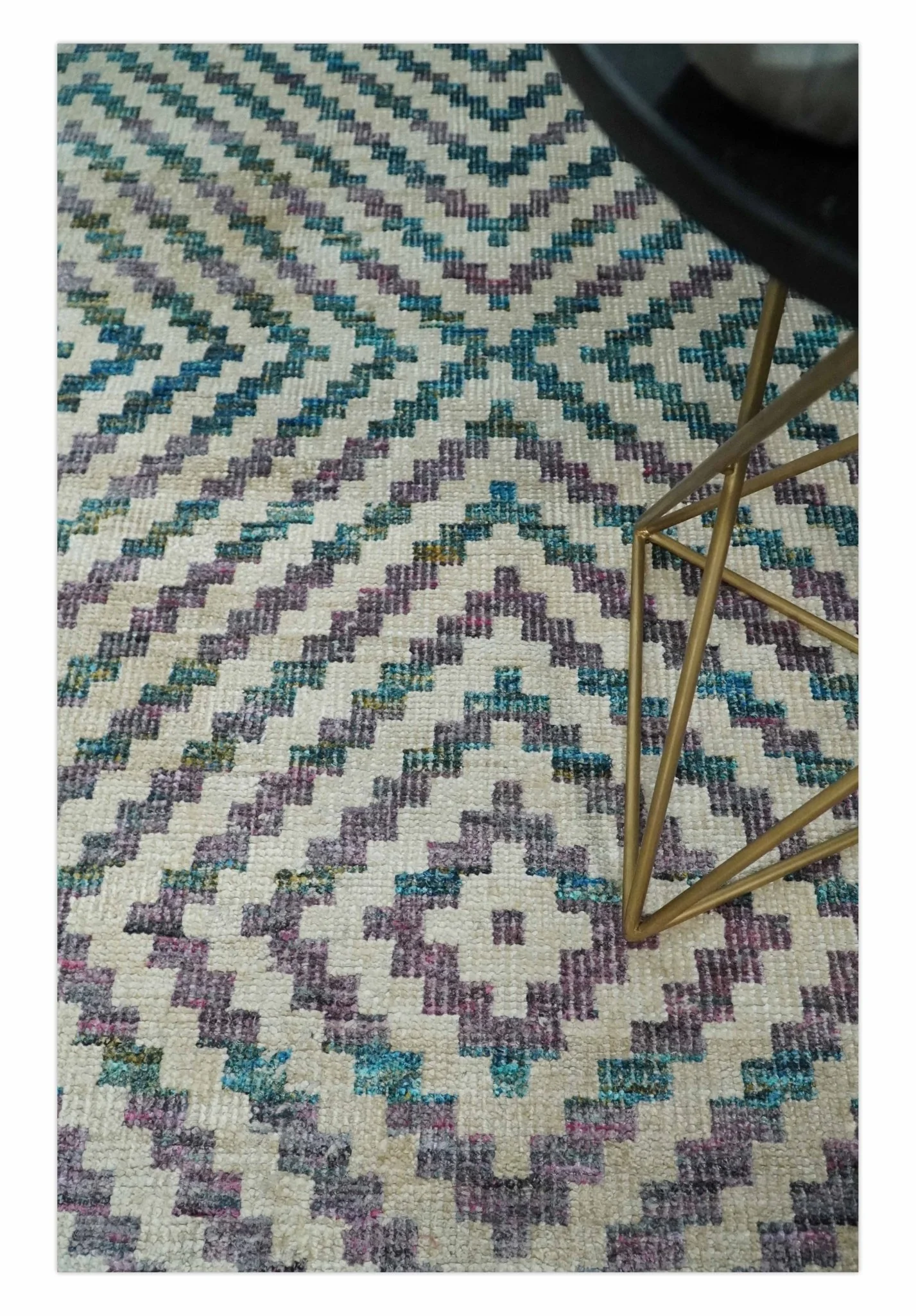 Hand Knotted 5x8 Ivory, Blue and Purple Antique Persian Geometric Style Contemporary Bamboo Silk Area Rug | OP125 - Image 2