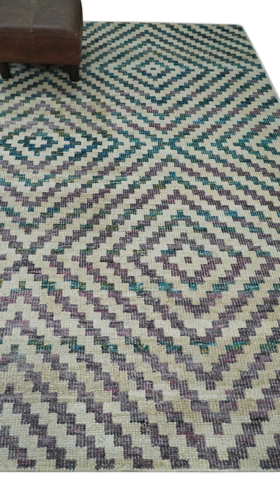 Hand Knotted 5x8 Ivory, Blue and Purple Antique Persian Geometric Style Contemporary Bamboo Silk Area Rug | OP125 - Image 3