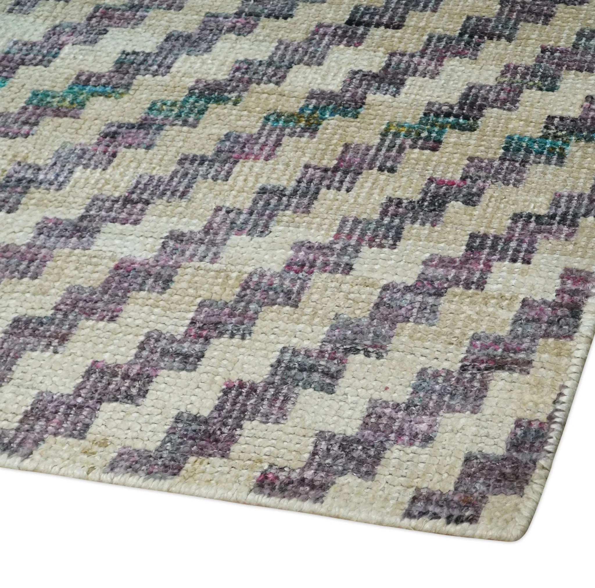 Hand Knotted 5x8 Ivory, Blue and Purple Antique Persian Geometric Style Contemporary Bamboo Silk Area Rug | OP125 - Image 5