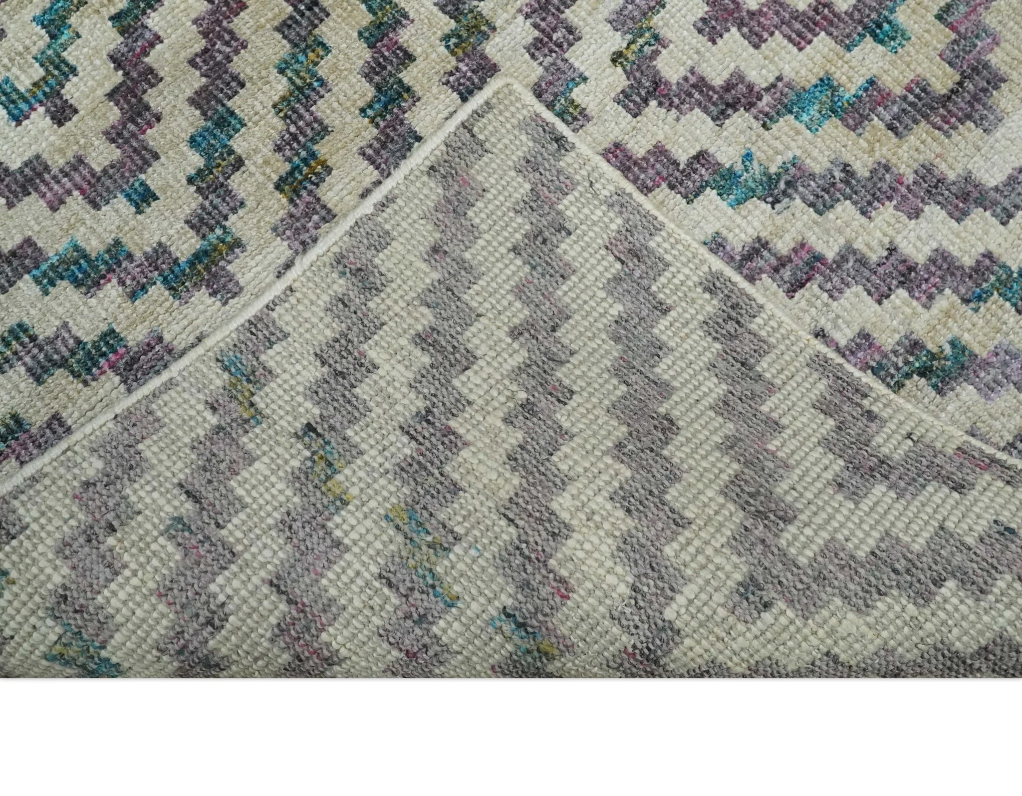 Hand Knotted 5x8 Ivory, Blue and Purple Antique Persian Geometric Style Contemporary Bamboo Silk Area Rug | OP125 - Image 7
