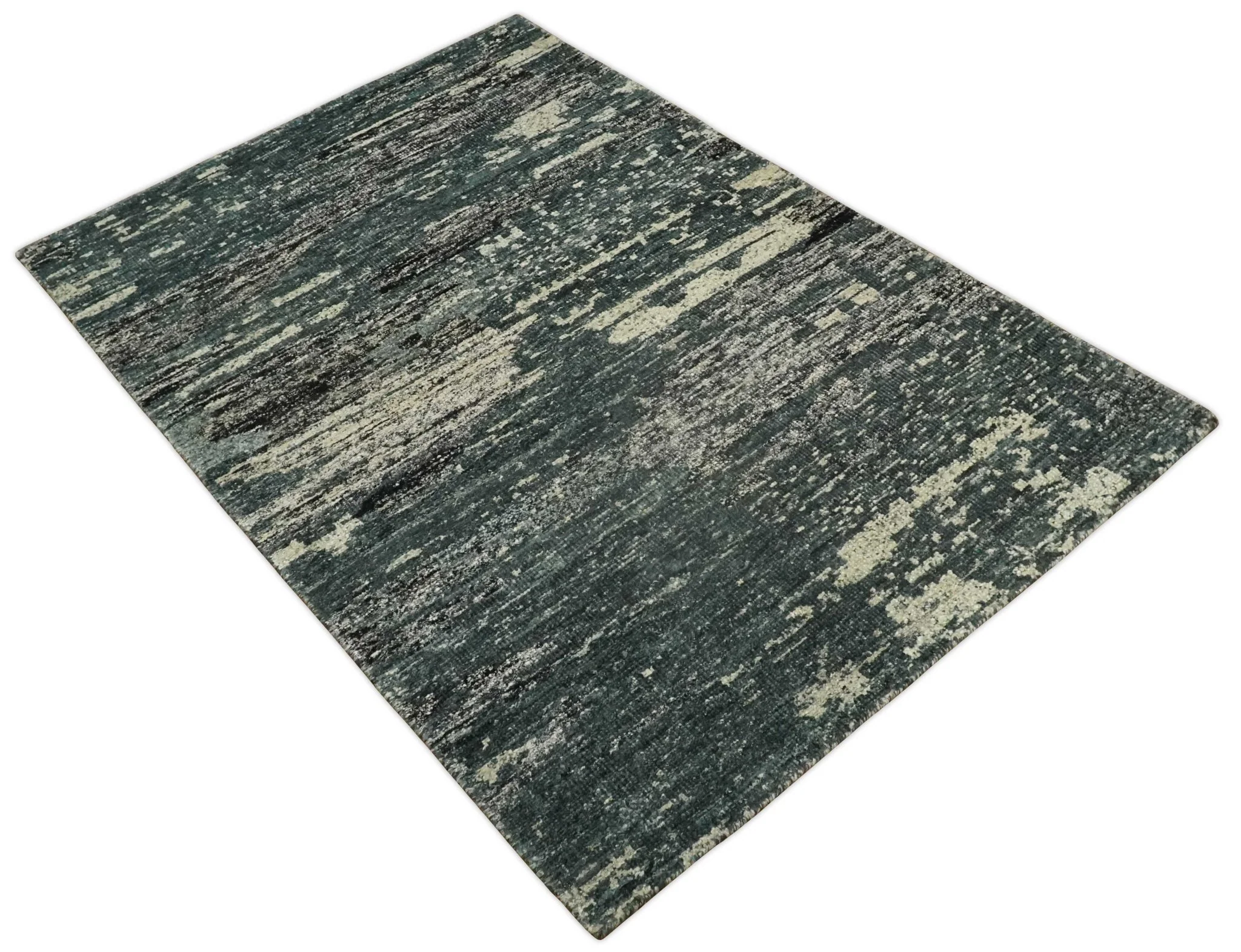 Hand Knotted 5x8 Ivory, moss green and Black Modern Abstract Contemporary Recycled Silk Area Rug | OP74 - Image 11