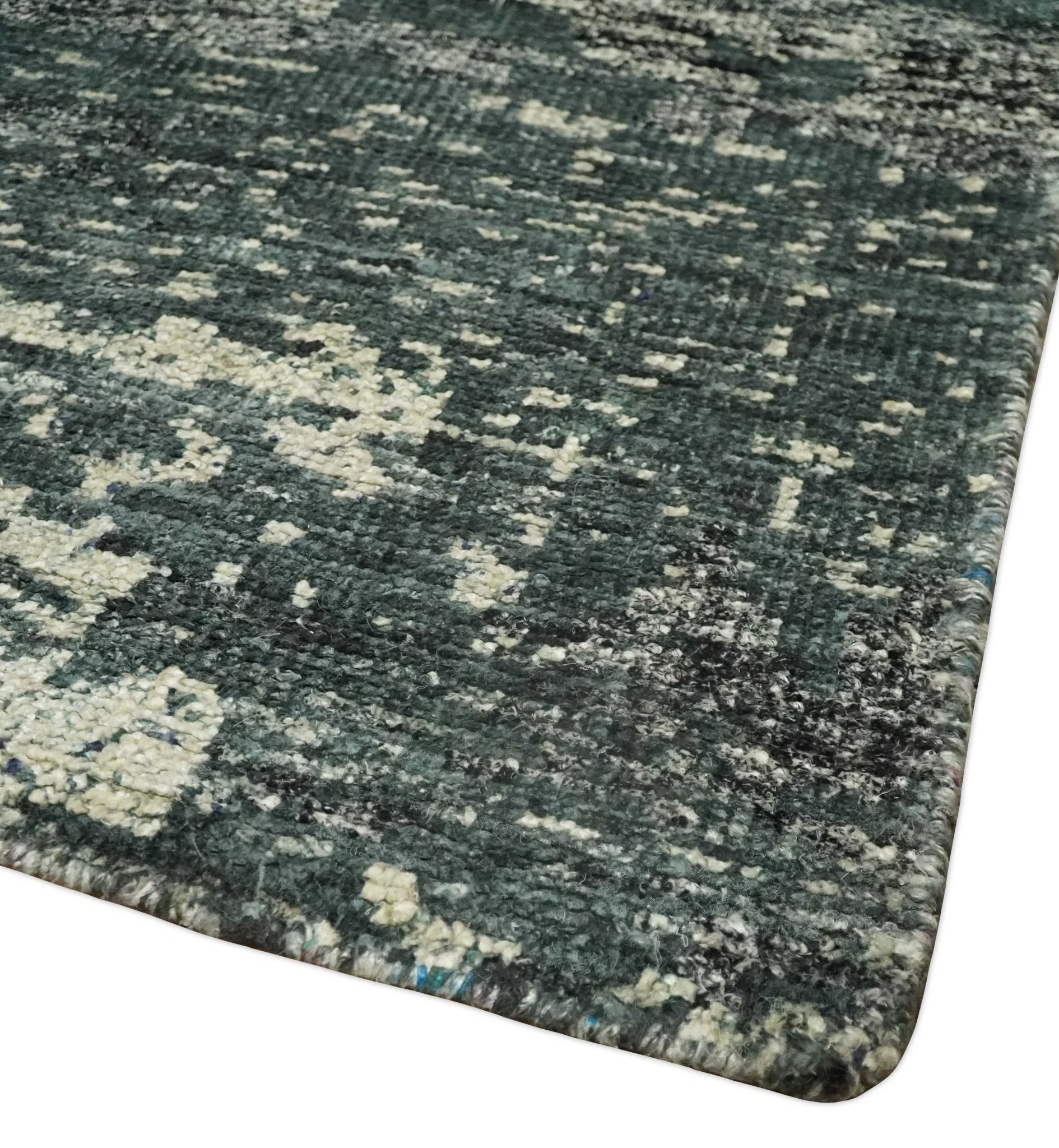 Hand Knotted 5x8 Ivory, moss green and Black Modern Abstract Contemporary Recycled Silk Area Rug | OP74 - Image 3
