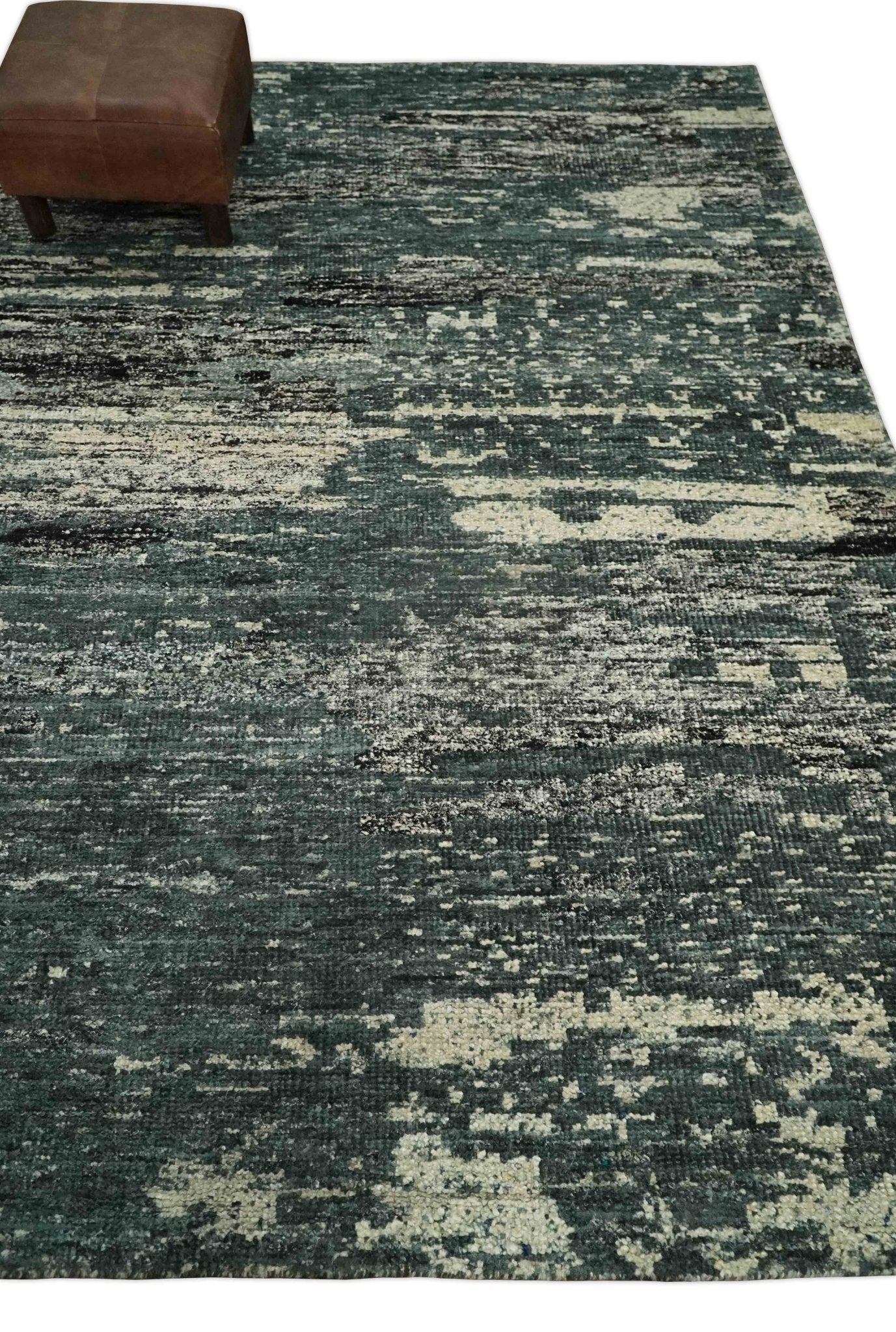 Hand Knotted 5x8 Ivory, moss green and Black Modern Abstract Contemporary Recycled Silk Area Rug | OP74 - Image 4