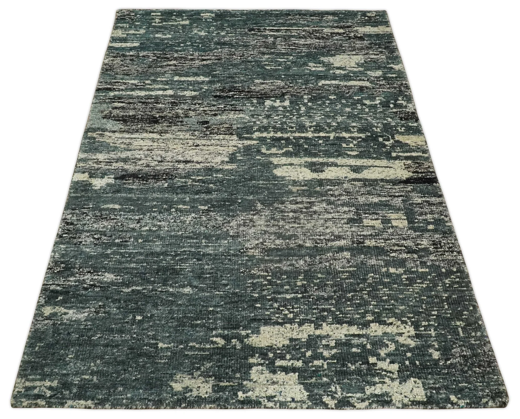 Hand Knotted 5x8 Ivory, moss green and Black Modern Abstract Contemporary Recycled Silk Area Rug | OP74 - Image 6